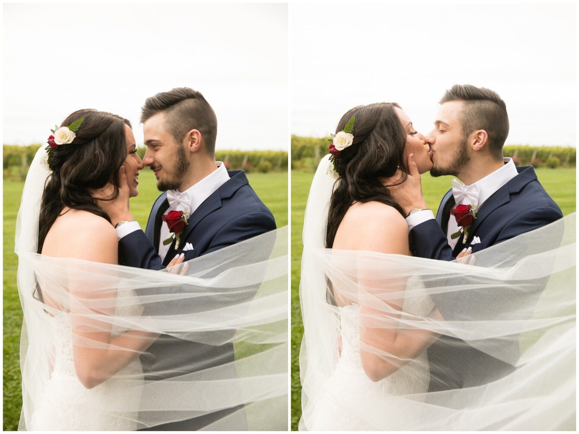 Couple kissing outdoors, wrapped in sheer fabric at a grassy wedding venue