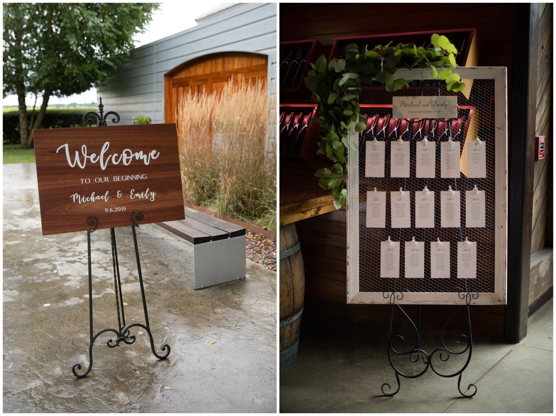 Wedding welcome sign beside a card box decorated with greenery and red bows