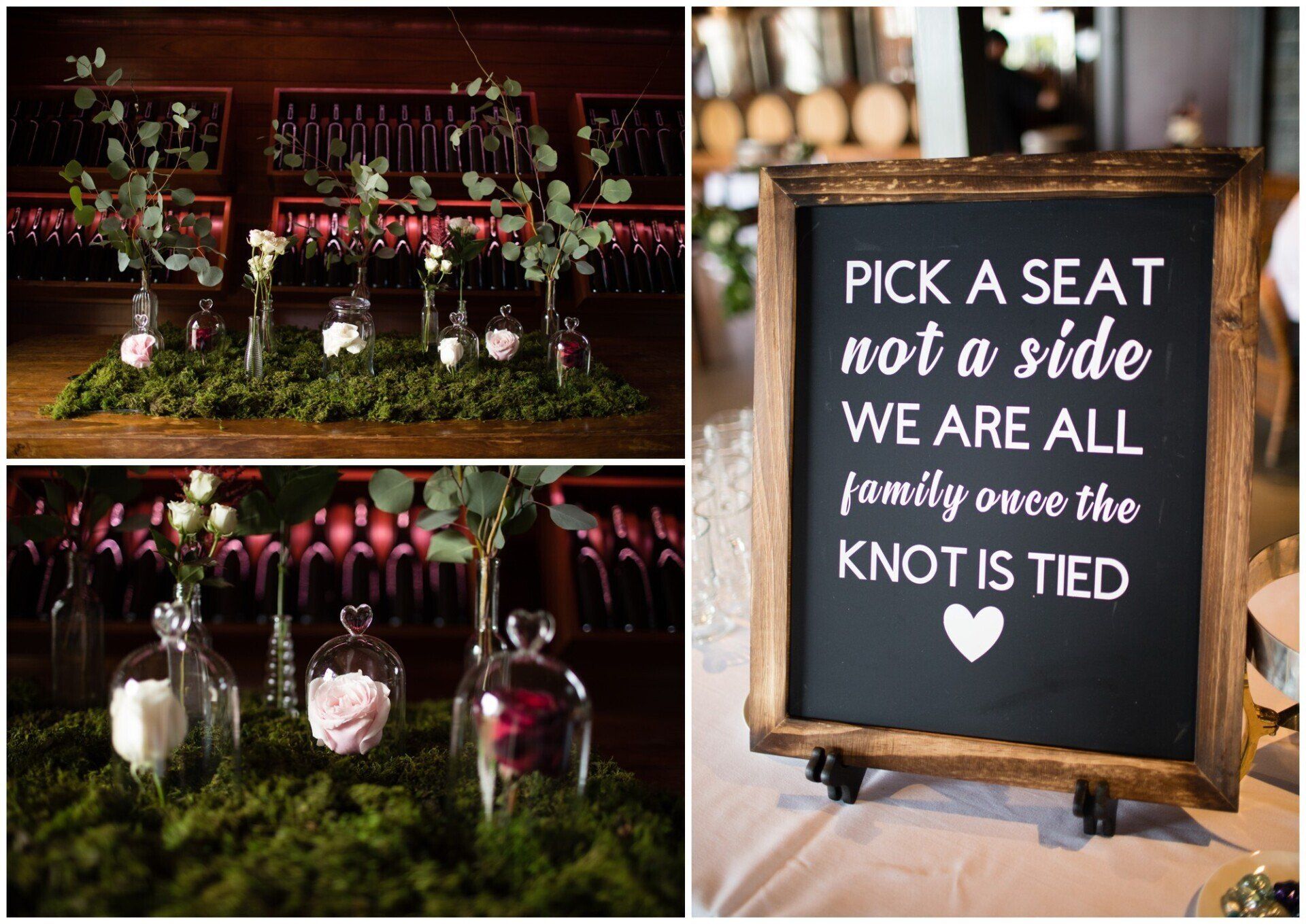 Rustic wedding display with floral decor, candles in jars, and a chalkboard sign that reads “Pick a seat, not a side.”