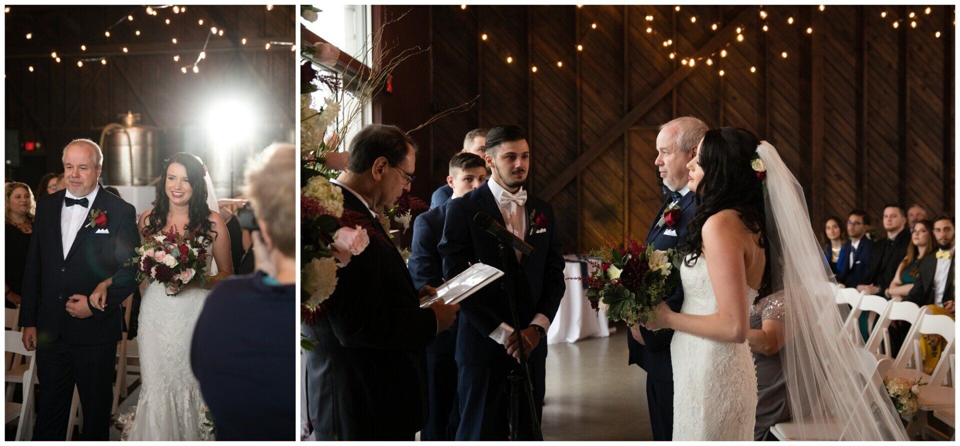 Wedding couple exchanging vows under string lights in a rustic indoor venue