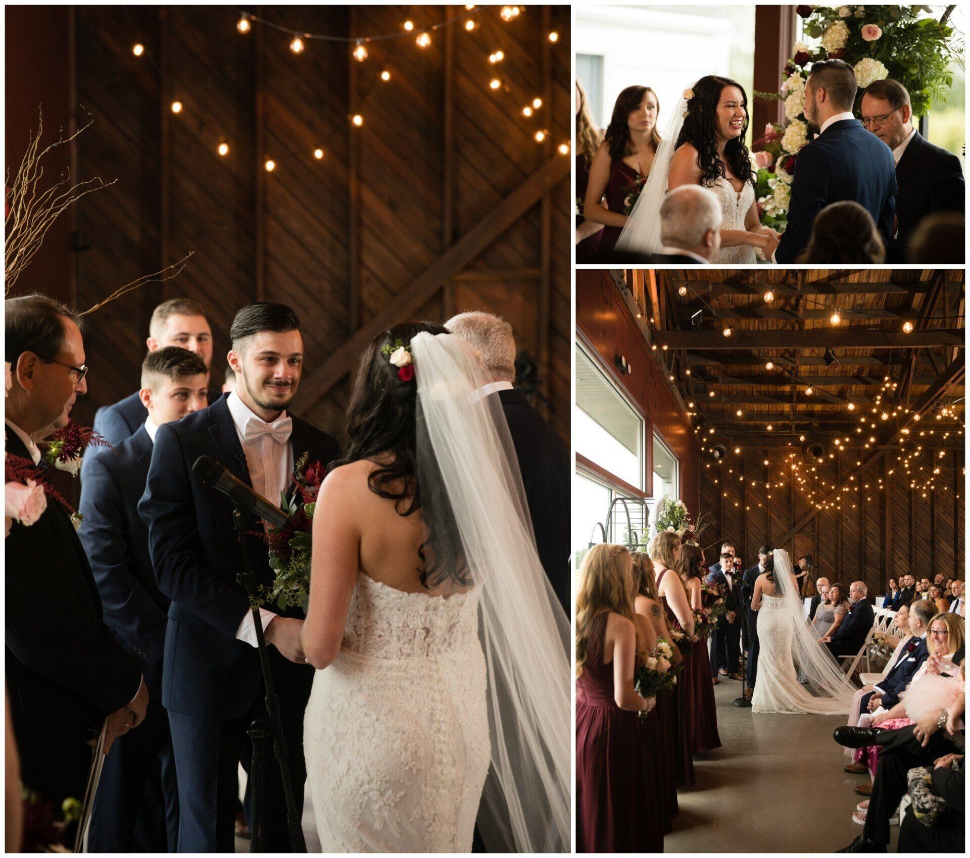 Wedding ceremony in a rustic barn with string lights, bride and guests gathered inside.