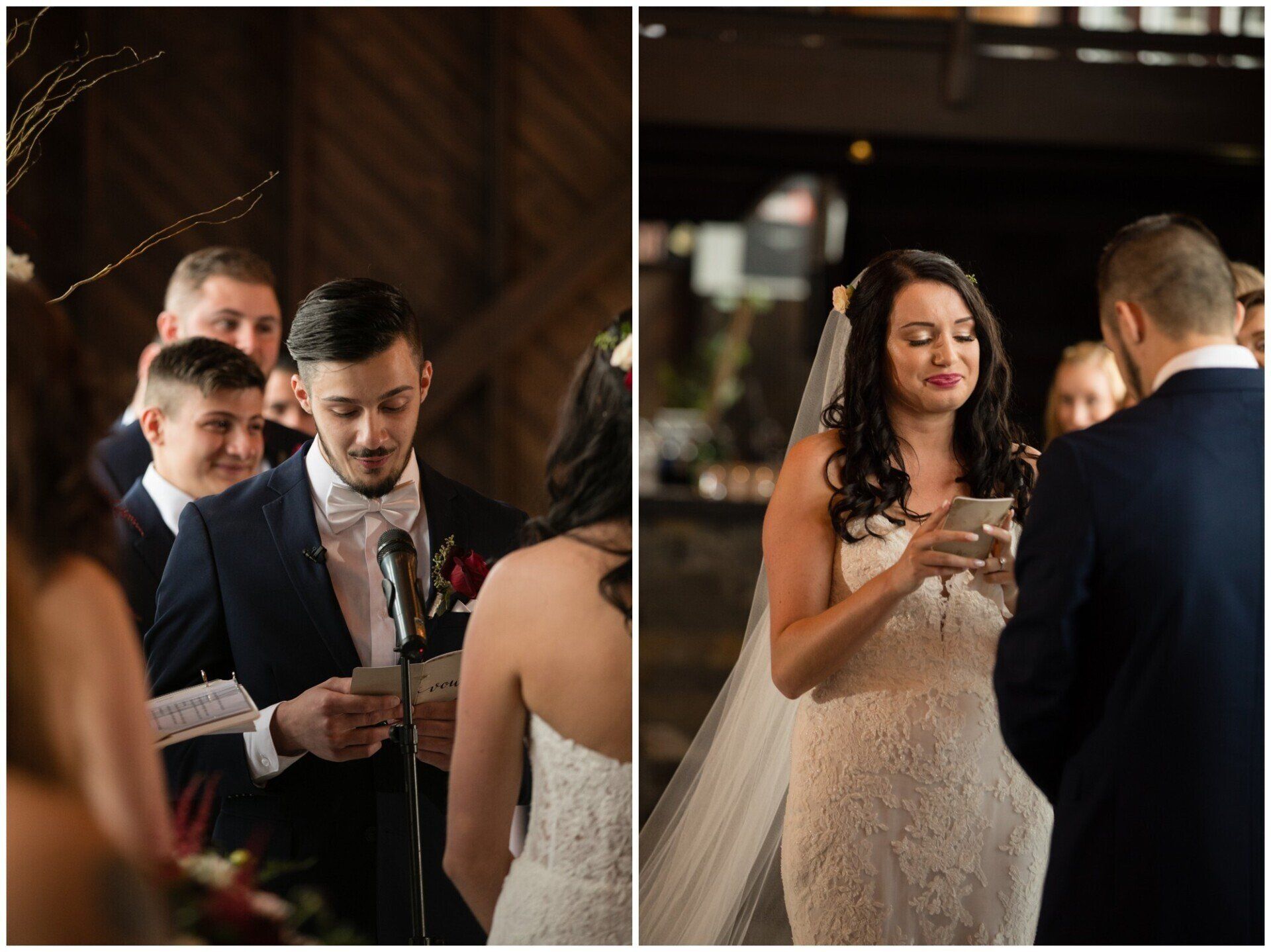 Wedding guests giving speeches and toasting at an indoor reception