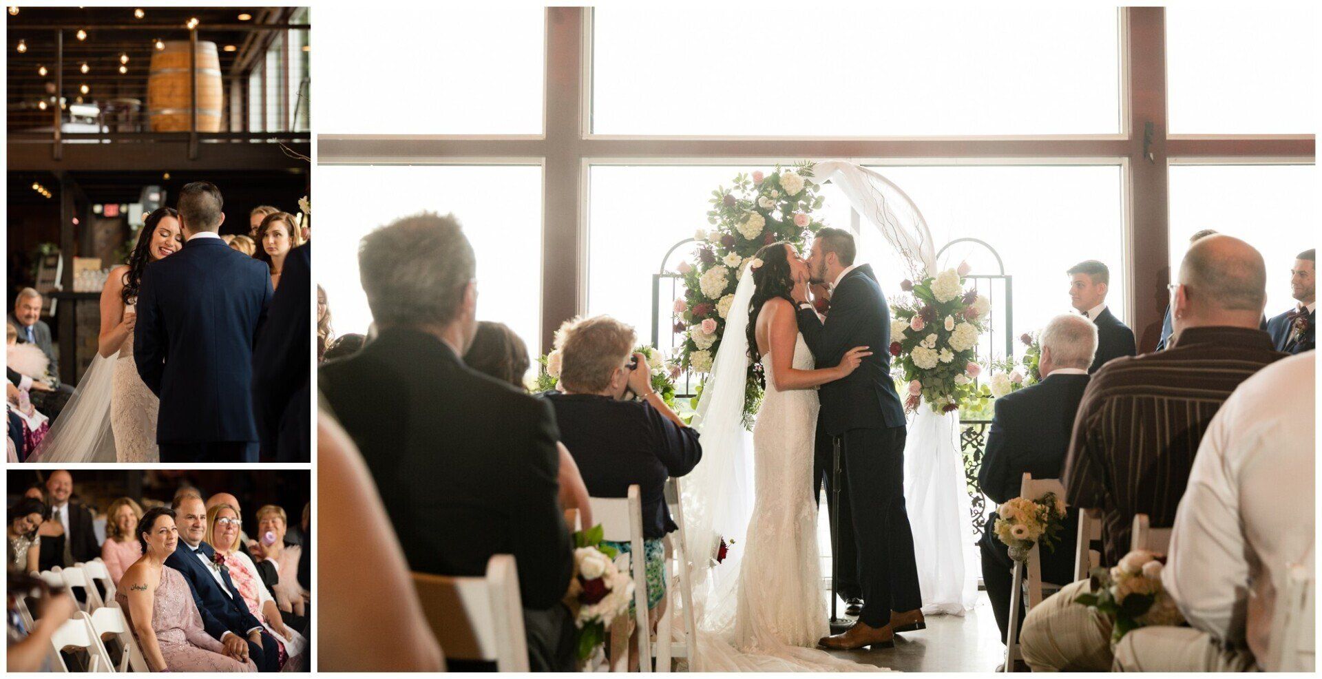 Wedding ceremony with couple exchanging vows in a bright hall, guests seated on both sides