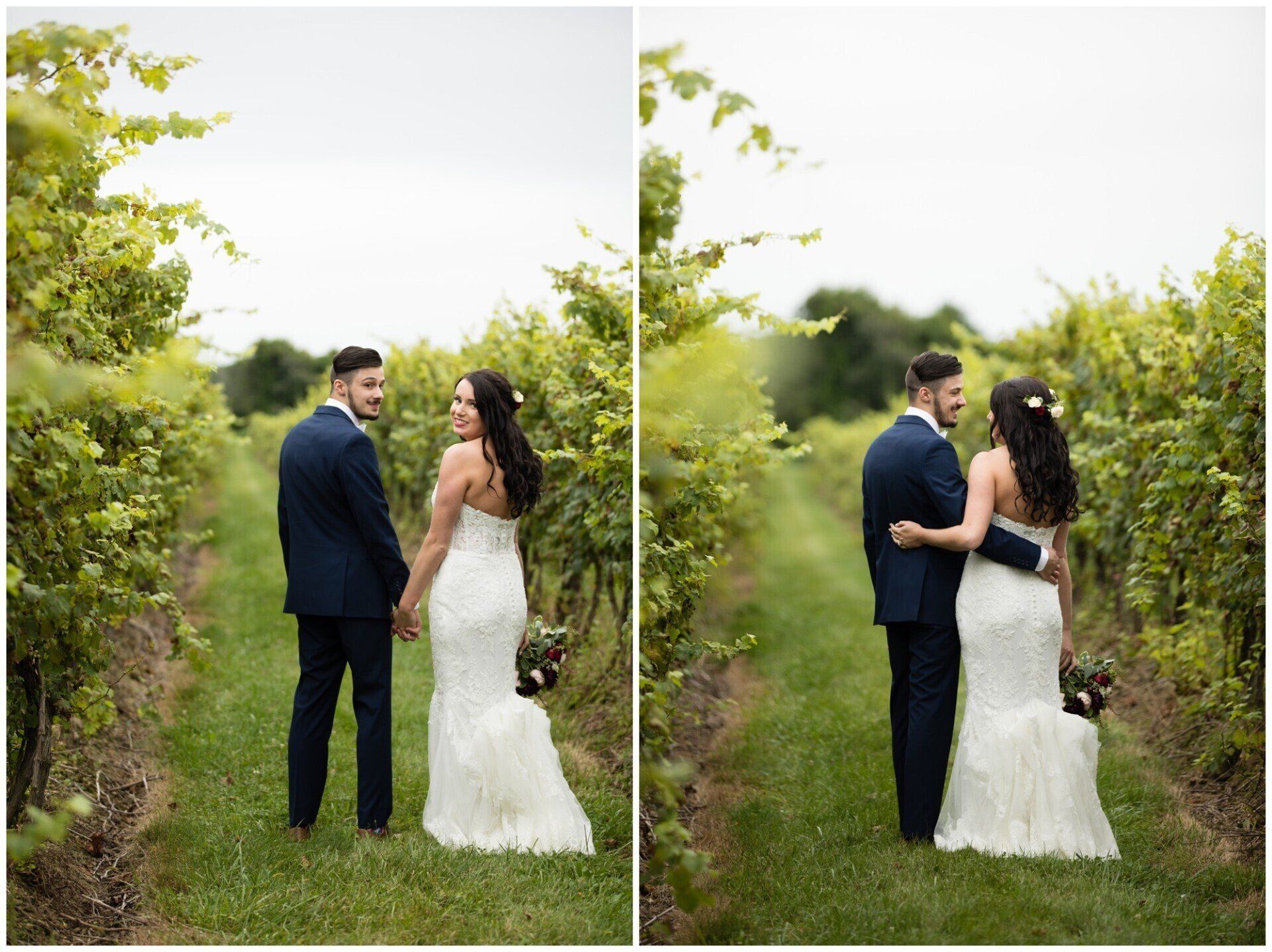 Wedding couple standing and embracing on a garden path, with lush green hedges and soft daylight