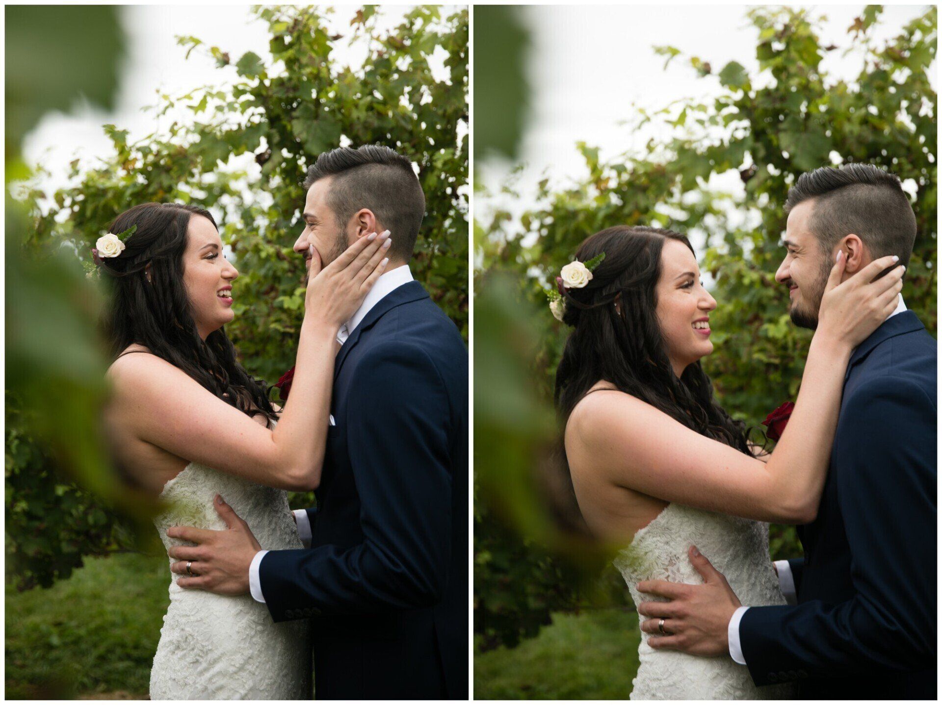 Bride and groom embracing and smiling in a garden, shown in a side-by-side photo comparison.
