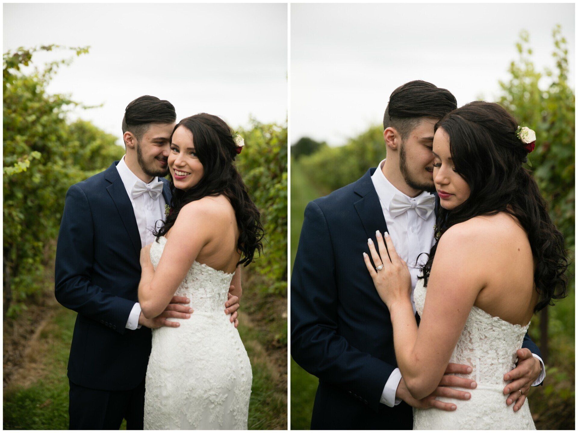 Couple embracing outdoors, dressed in formal wedding attire, with greenery in the background