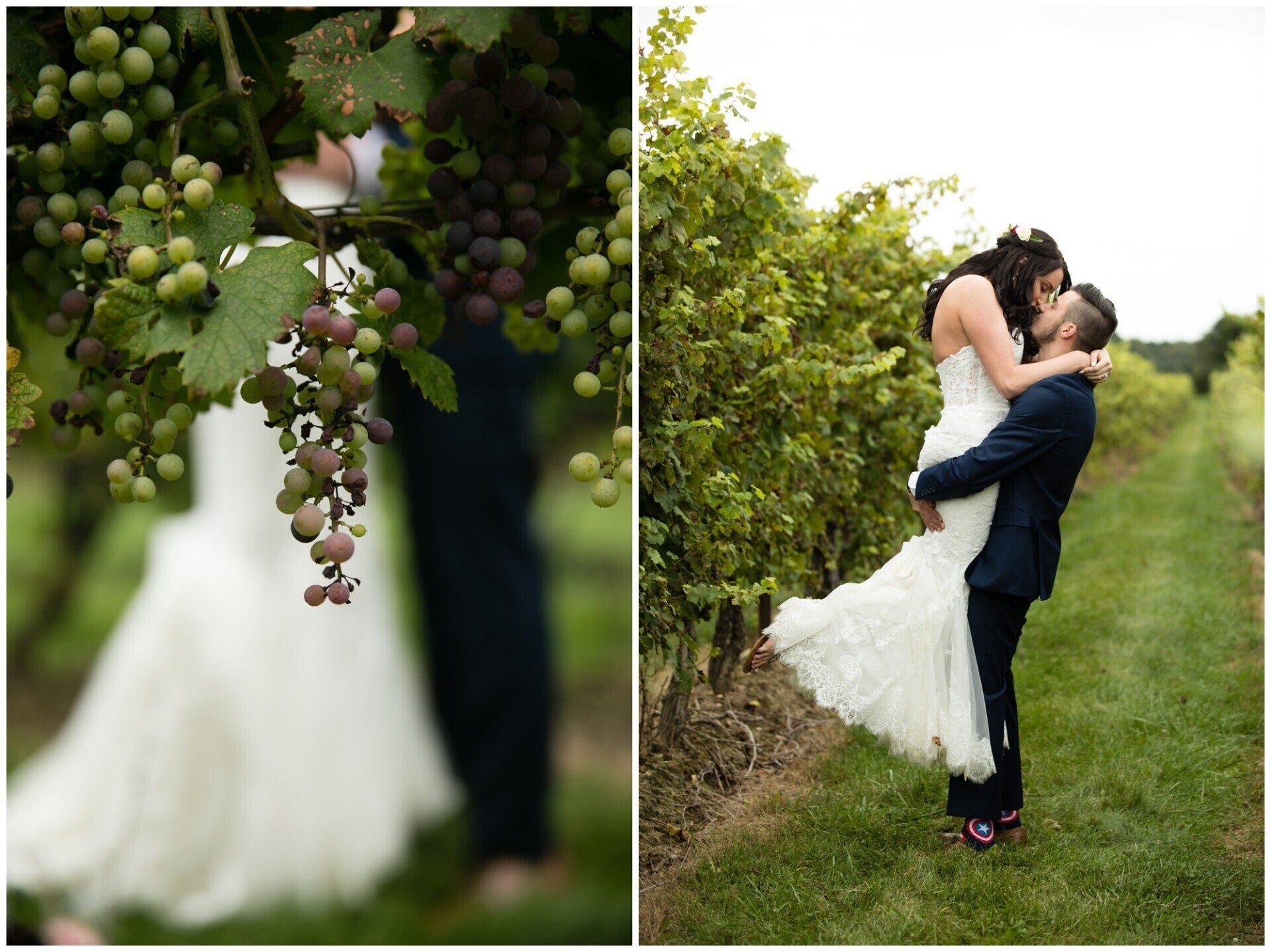 Bride and groom kissing in a vineyard, with grapes hanging in the foreground