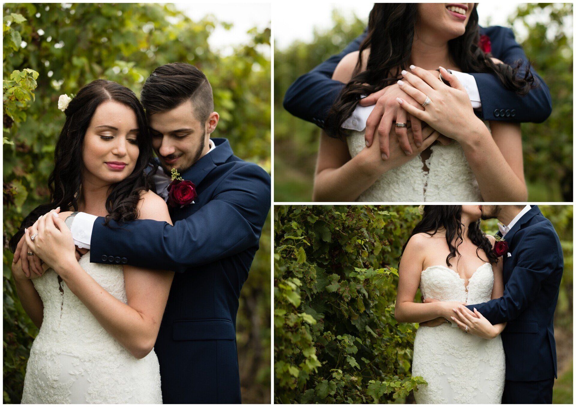 Couple embracing in a garden, with close-up shots of their hands and wedding attire.