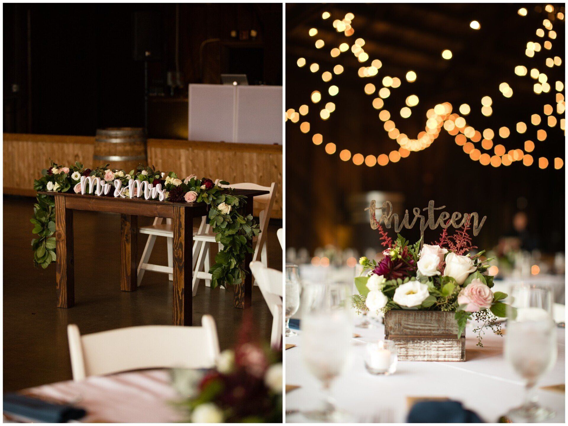 Decorated wedding reception table with flowers and greenery under warm string lights