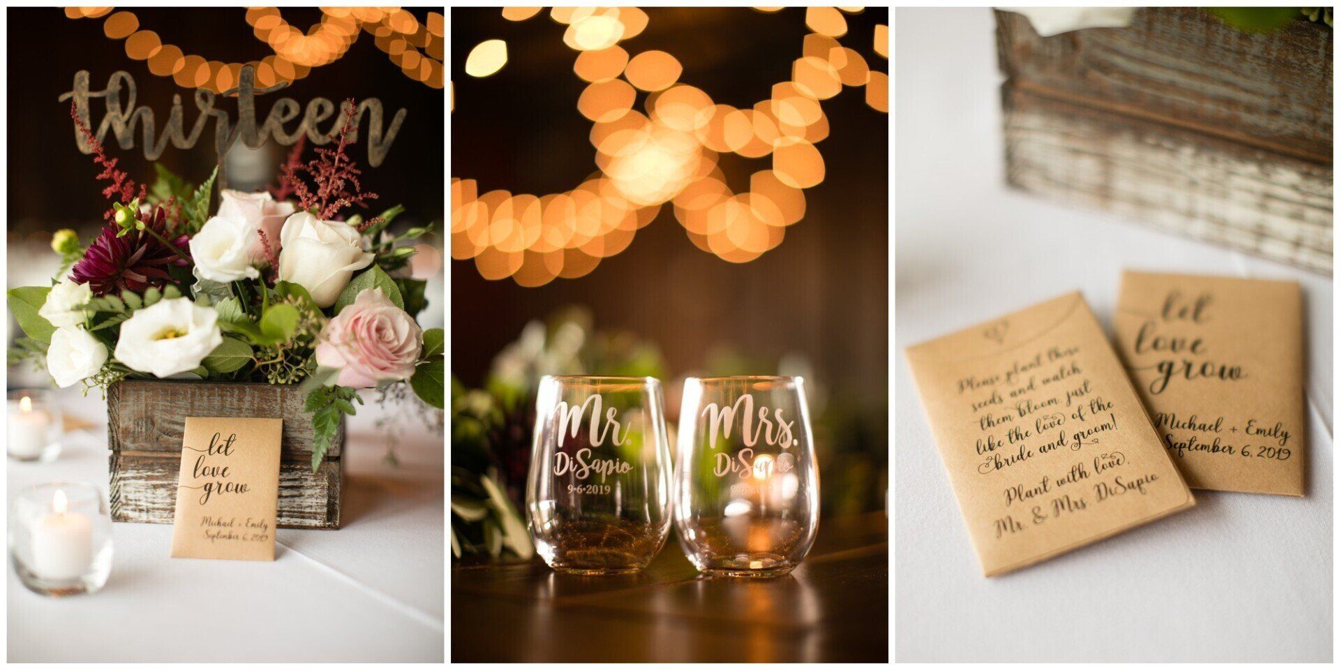 Rustic birthday party table decor with flowers, candles, and a “Merry Me?” sign under warm string lights