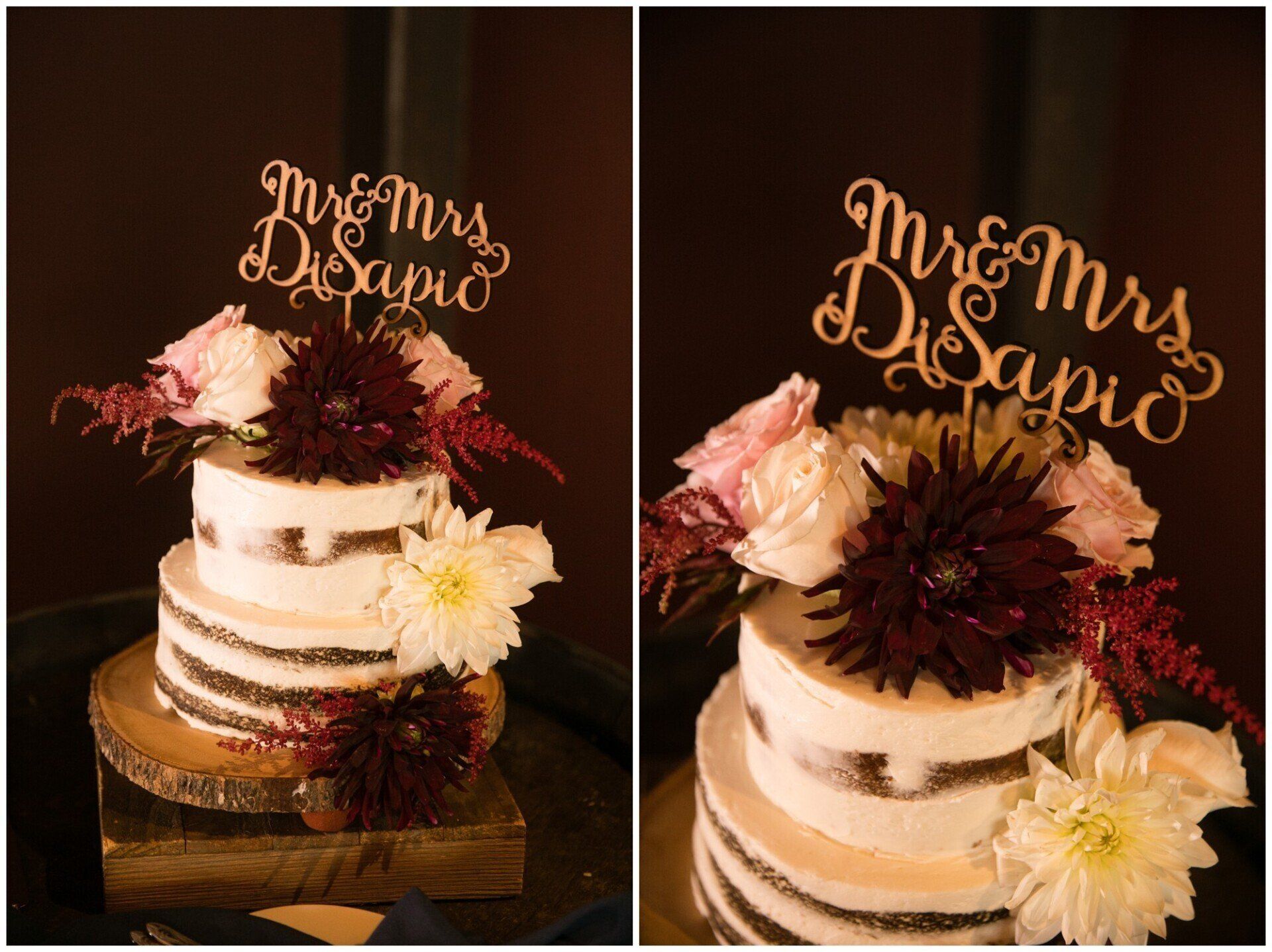 Two-tier naked wedding cake with flowers and a “Mr & Mrs” topper on a wooden stand