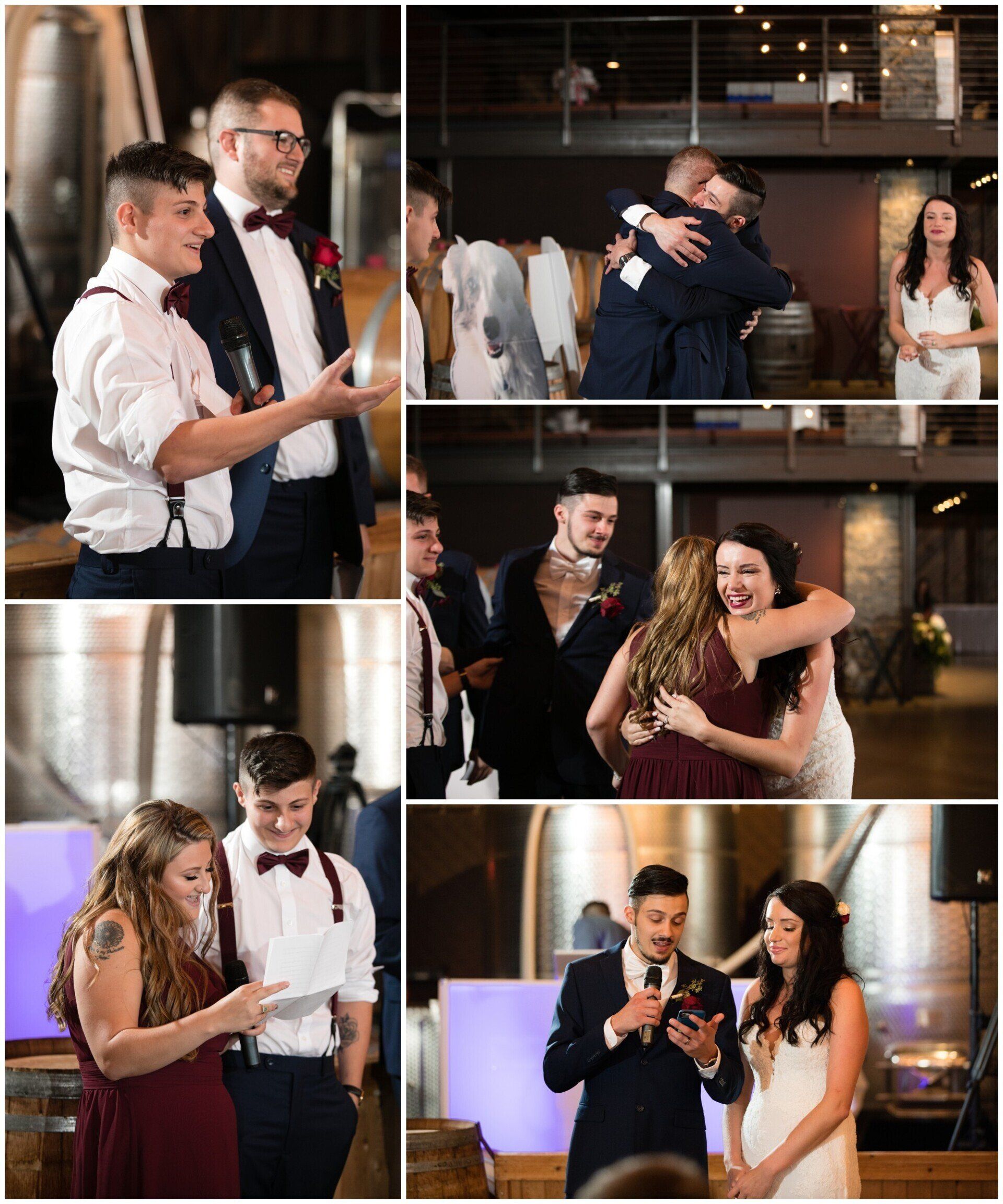 Guests dance and hug at a lively indoor celebration with warm lighting and formal attire