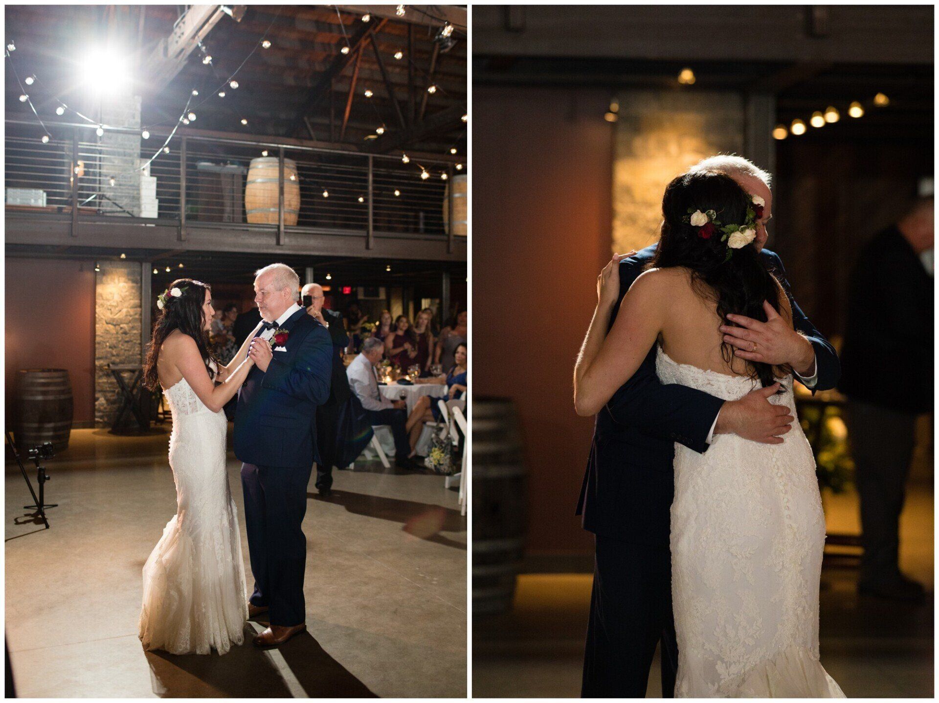 Bride and groom slow dancing at an indoor wedding reception, with guests and warm string lights in the background