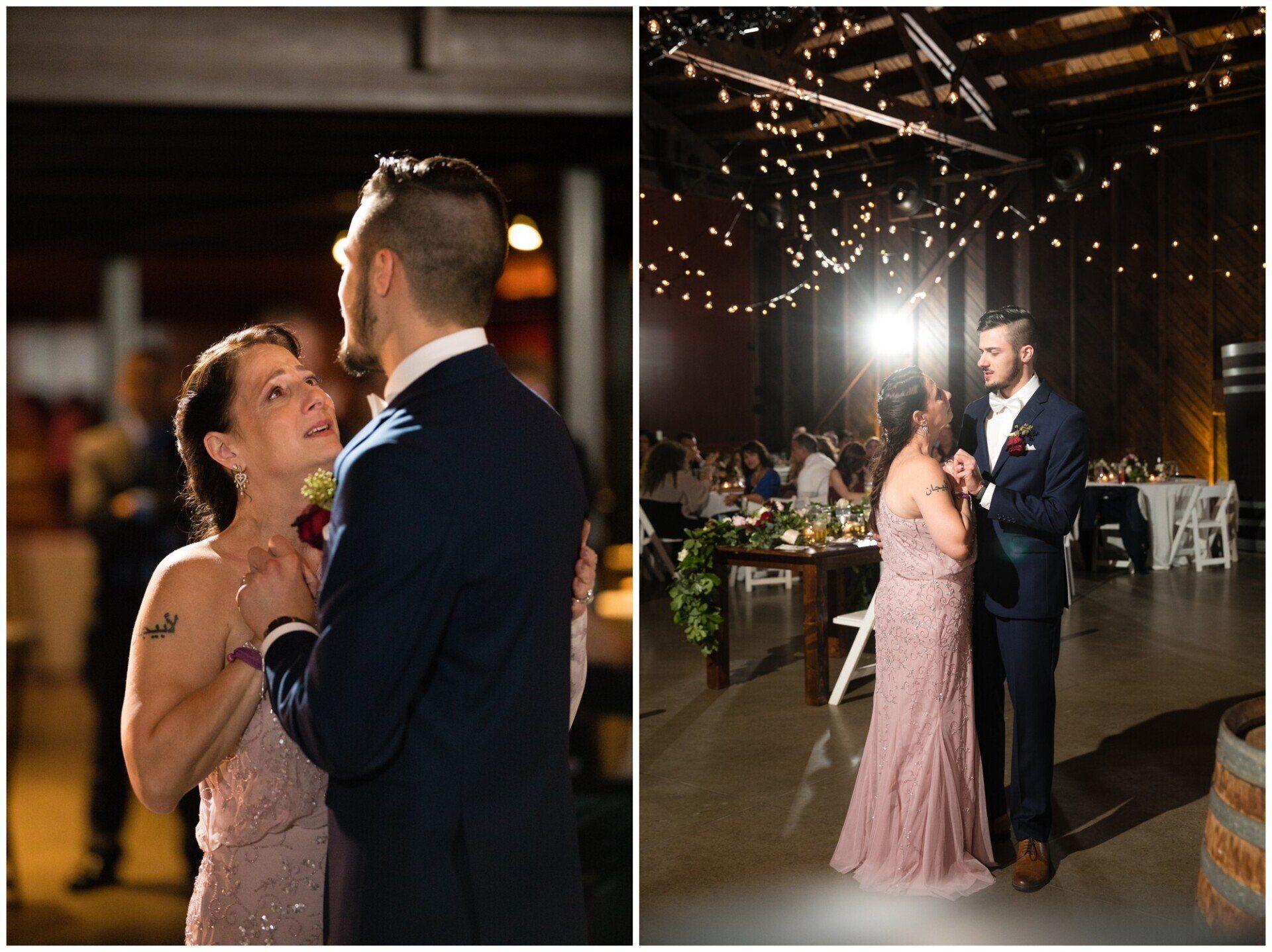 Bride and groom slow-dancing at a warmly lit wedding reception with string lights overhead