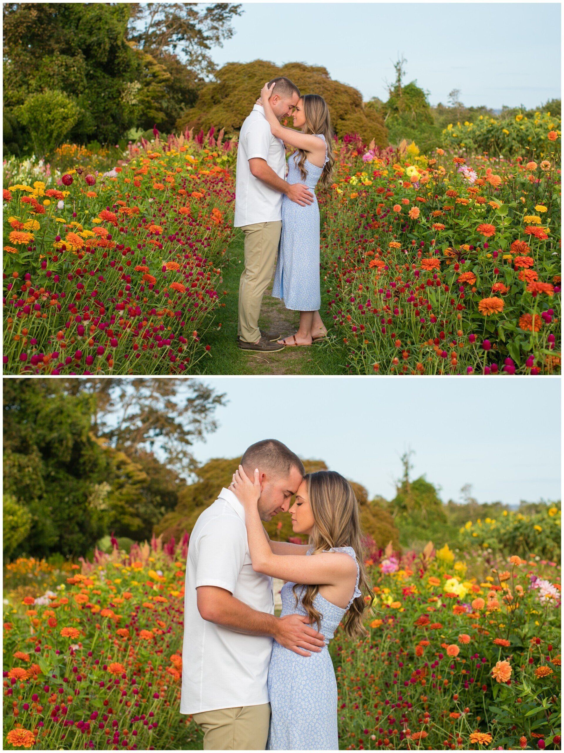 Couple embracing in a flower field, with two similar photos stacked vertically.
