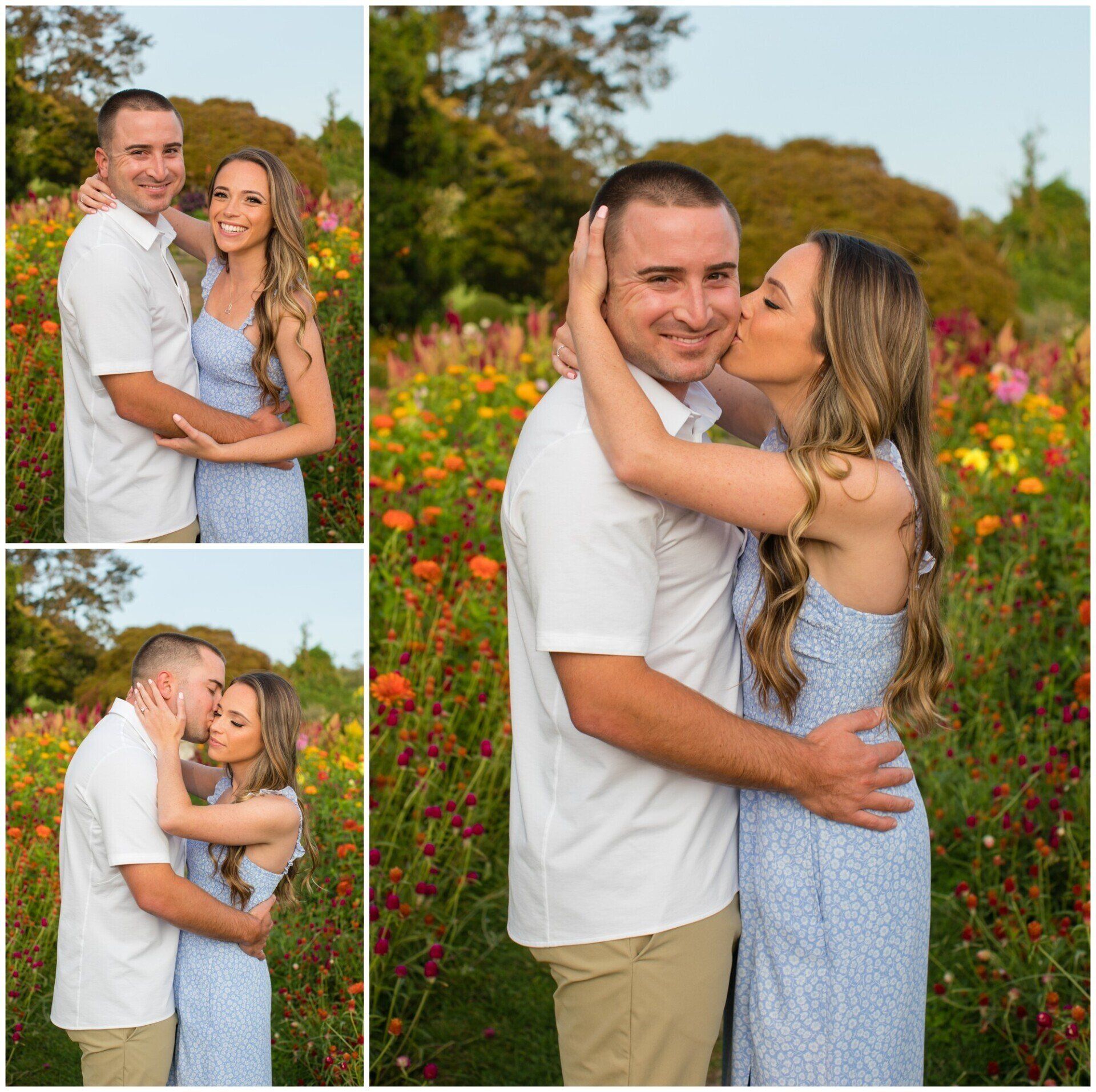 Couple embracing and kissing in a flower field, with a collage of three outdoor portraits.
