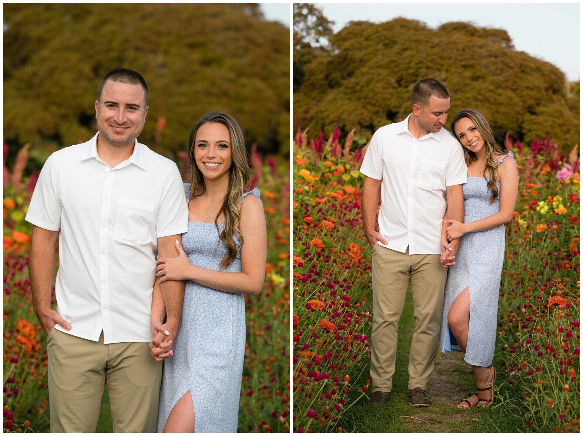 Couple standing in a flower garden, holding hands; he faces forward while she leans in smiling.