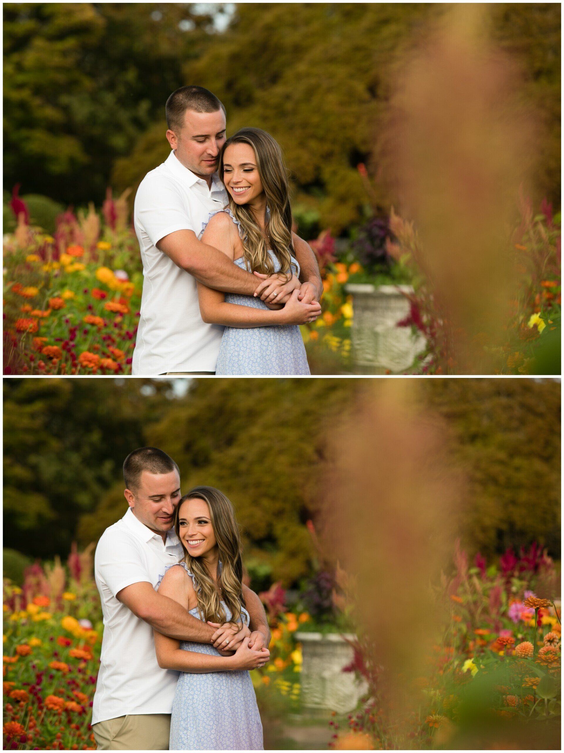 Couple embracing in a colorful garden with flowers, shown in two similar portrait shots.