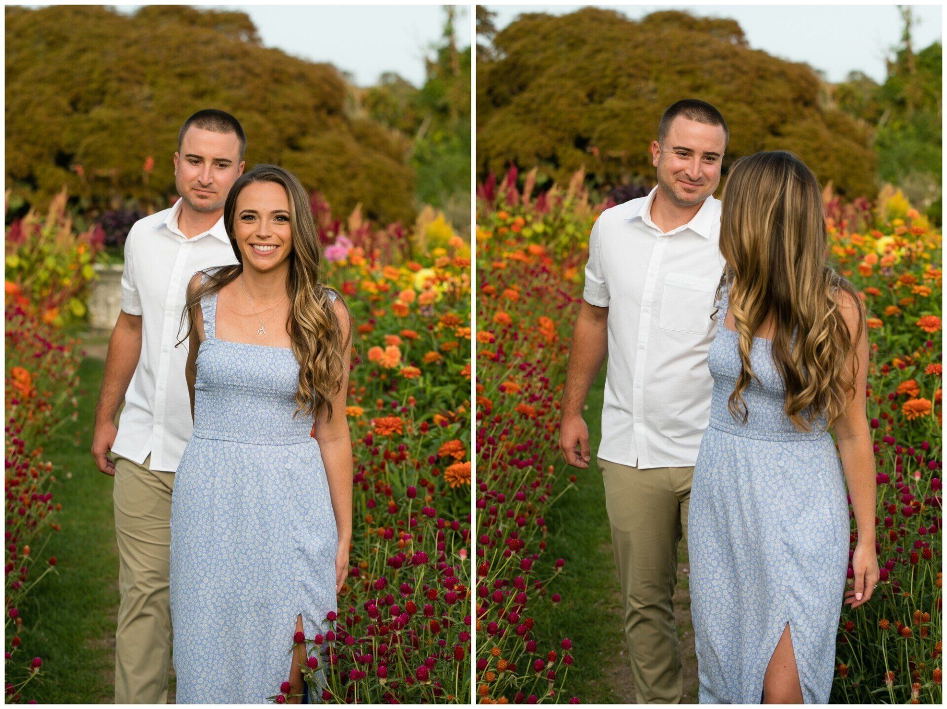 Couple posing in a flower garden, with the woman facing away in a light blue dress.