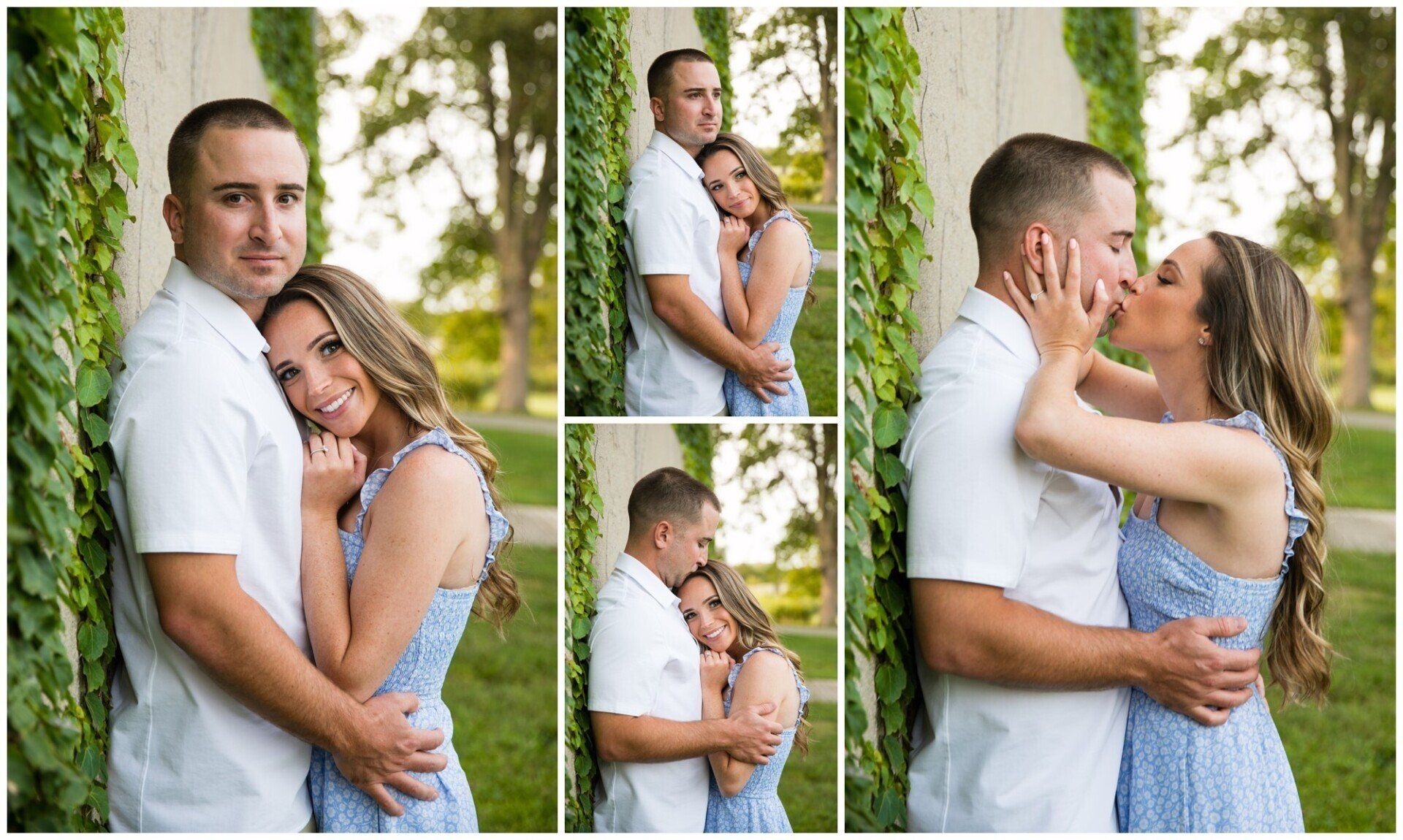 Couple embracing and posing in a sunlit forest, with the woman holding a bouquet of flowers