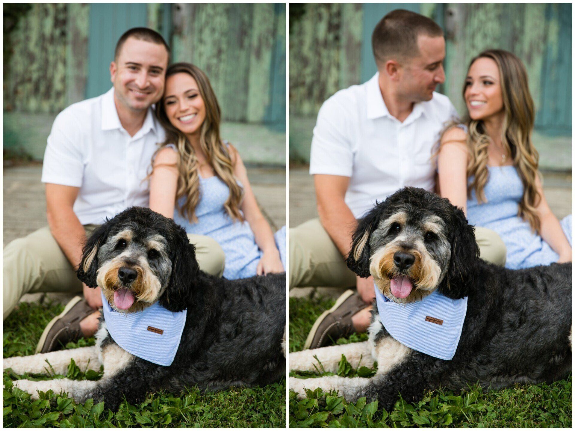 Couple sitting outdoors with a black dog wearing a blue bandana on grass
