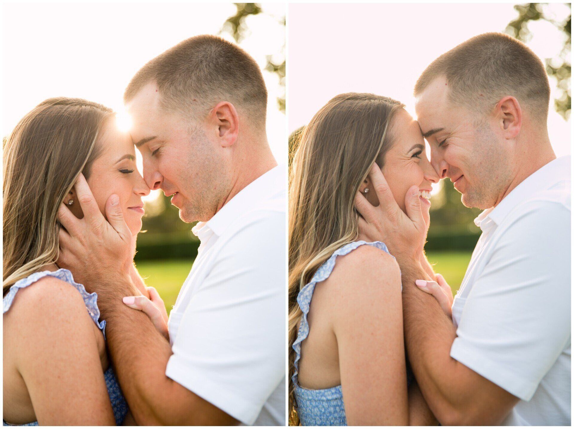Couple sharing a tender forehead touch outdoors in warm sunlight