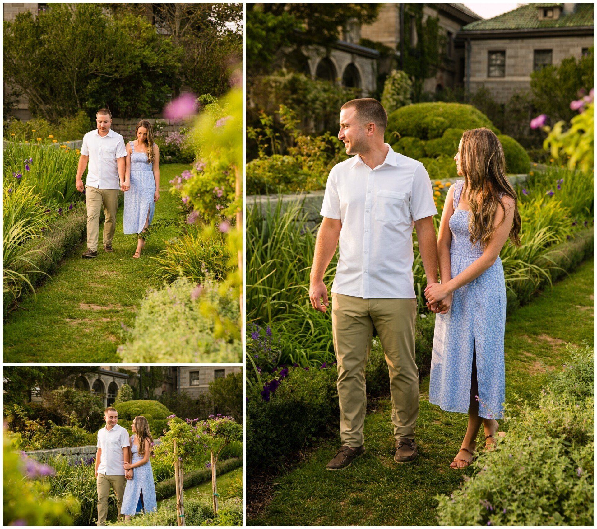 Couple standing in a lush garden, surrounded by flowers and greenery near a house.