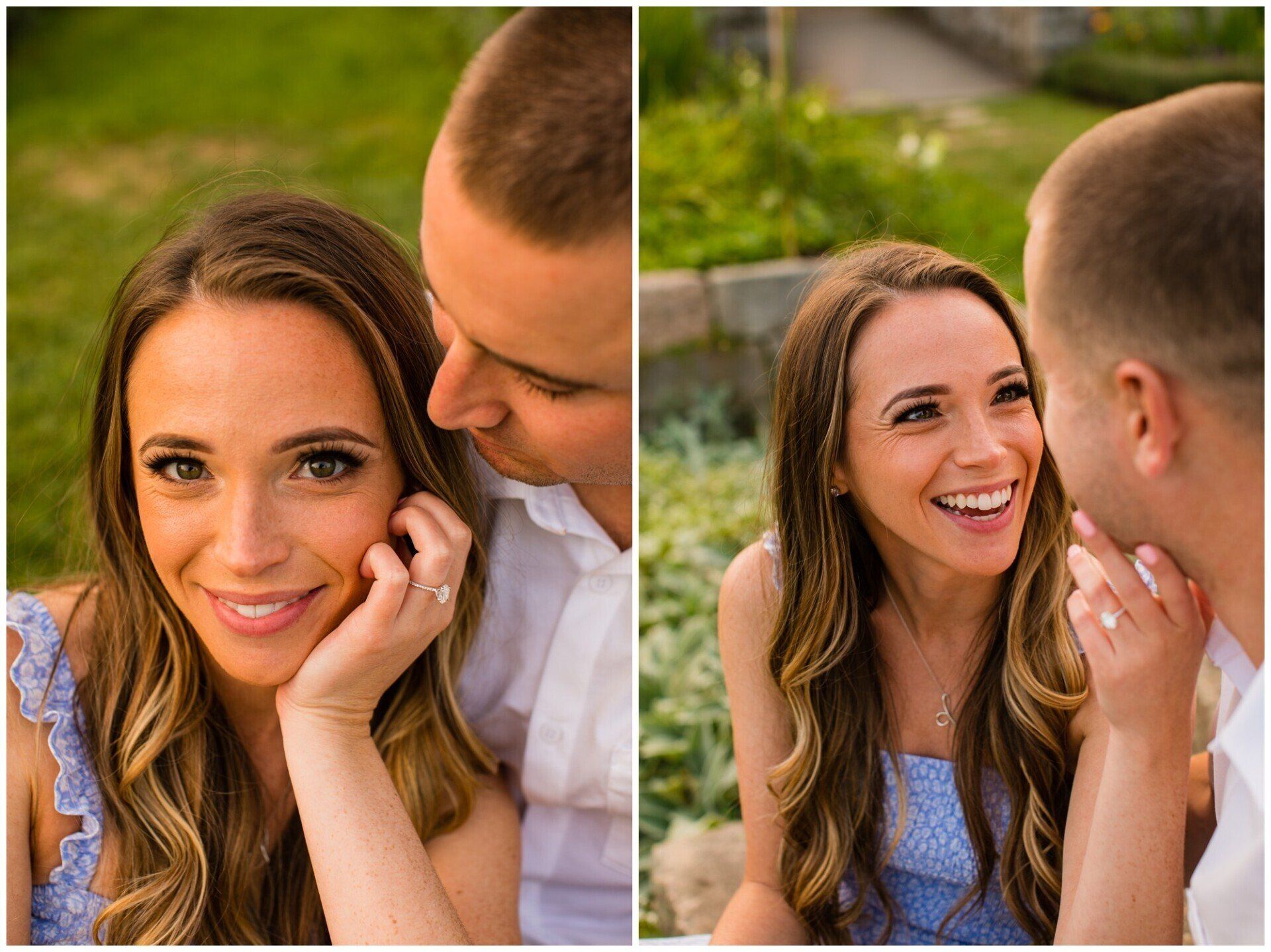 Couple smiling outdoors, close together in a sunlit green setting