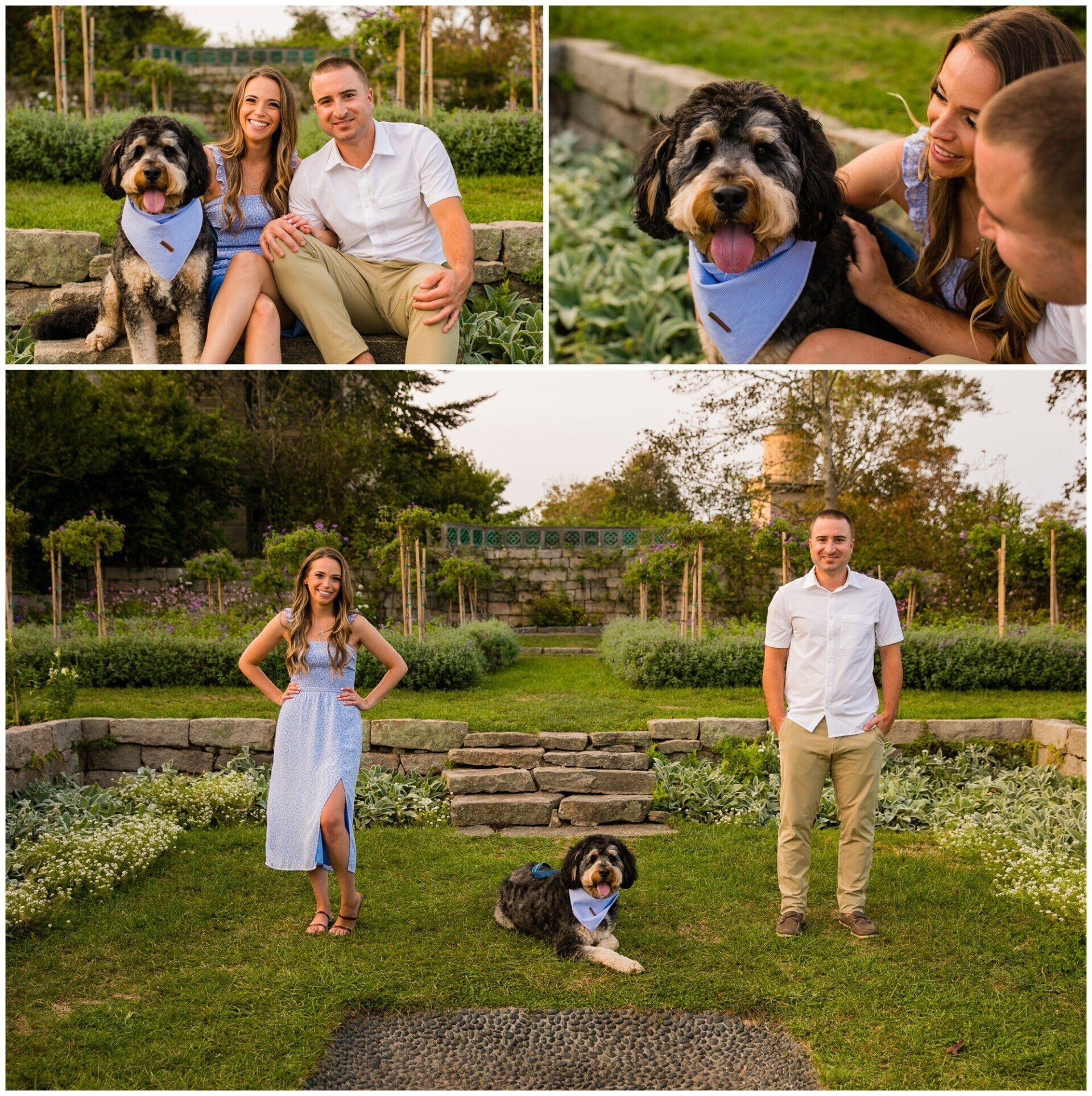 Two people posing with a small dog in a garden, with close-up shots of the dog wearing a bandana.
