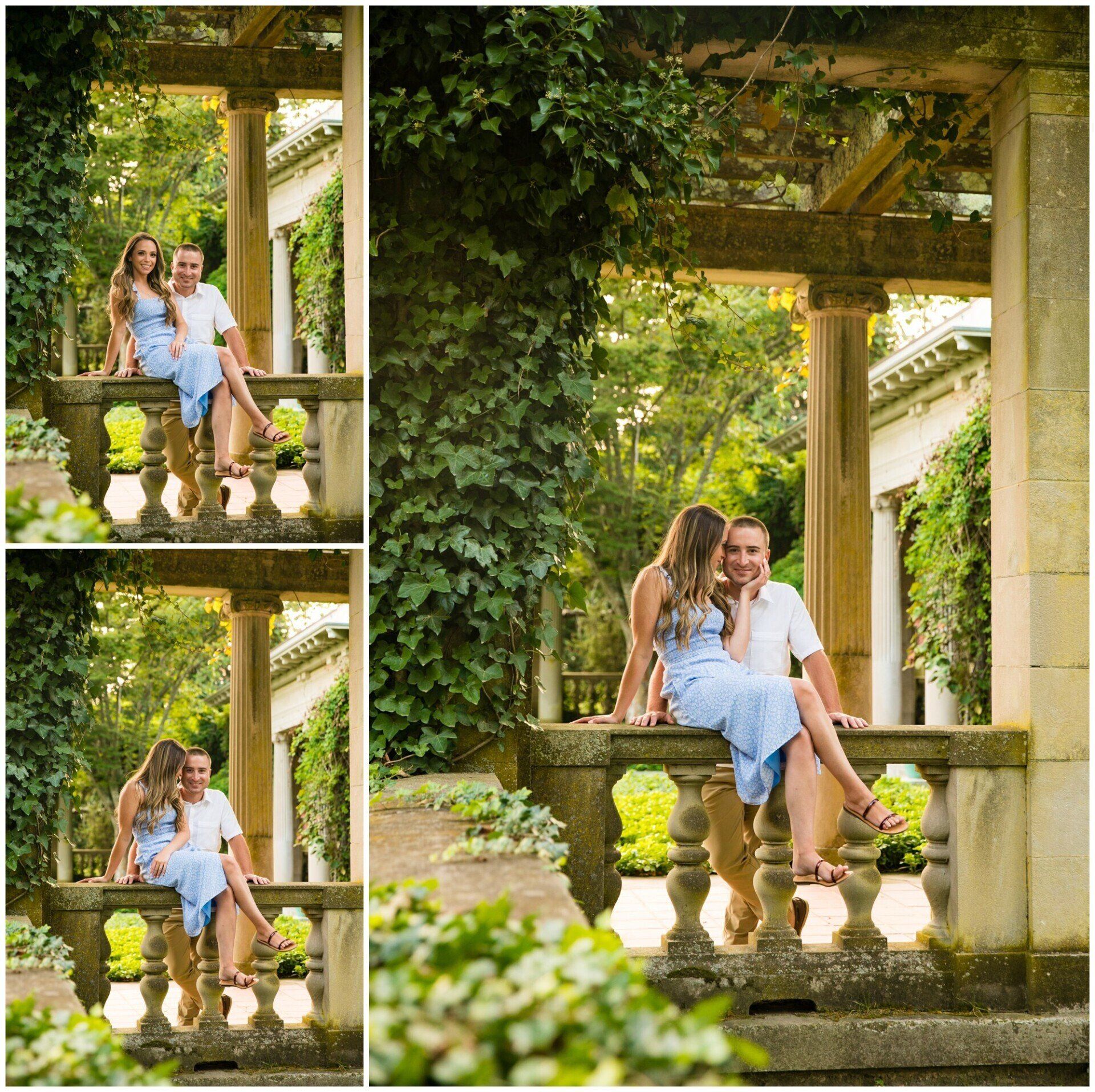 Two people sitting together in a leafy garden pergola, smiling in a sunlit collage.