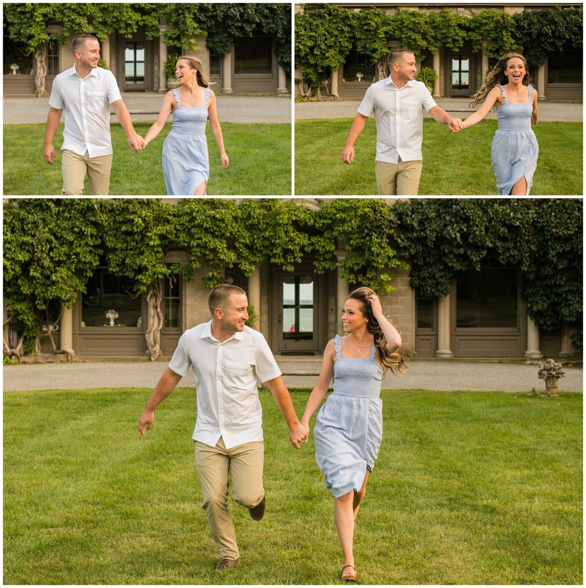 Couple holding hands and walking on a grassy lawn in front of a building.