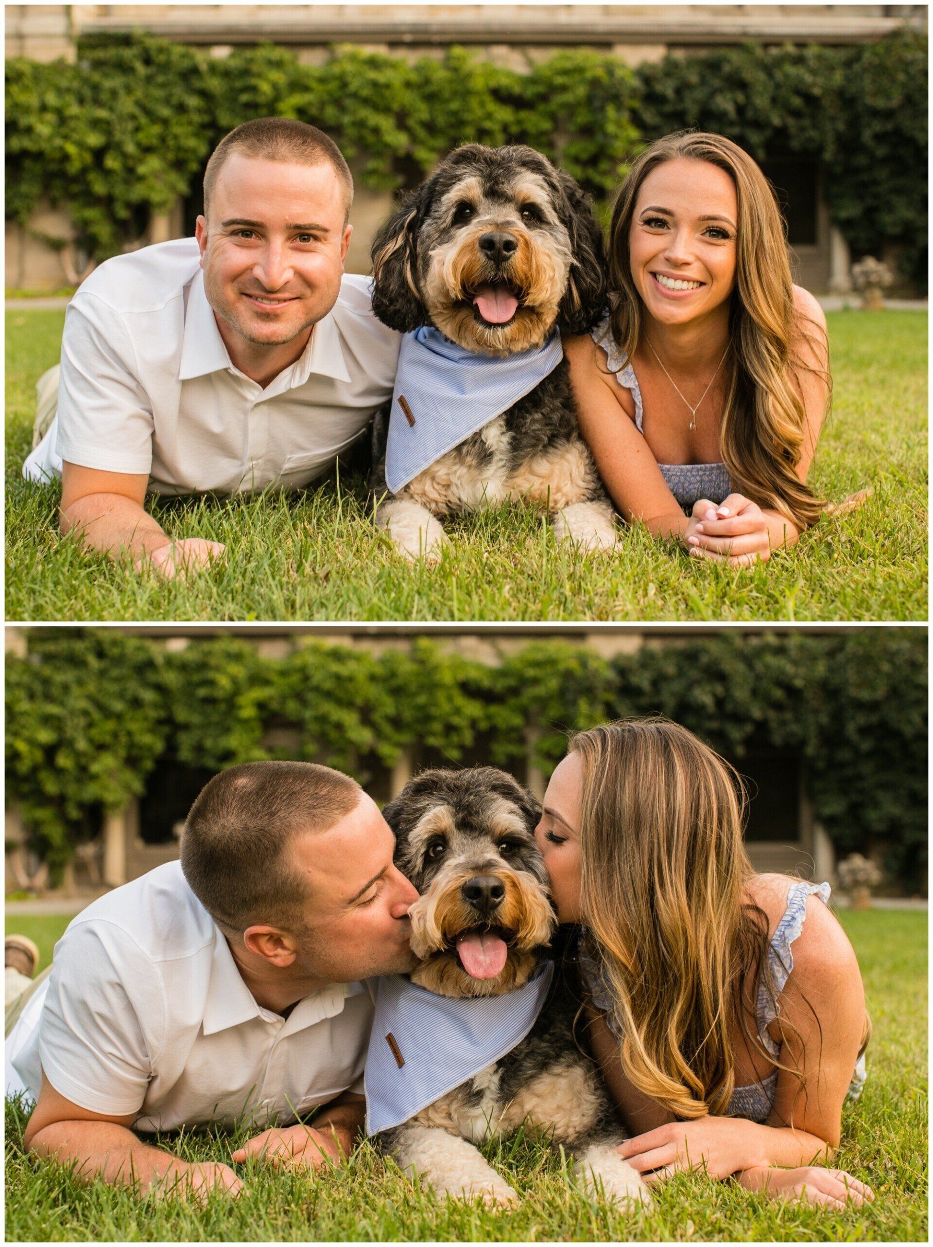 Couple lying on grass with their dog, posing in a garden and kissing the dog in the second photo