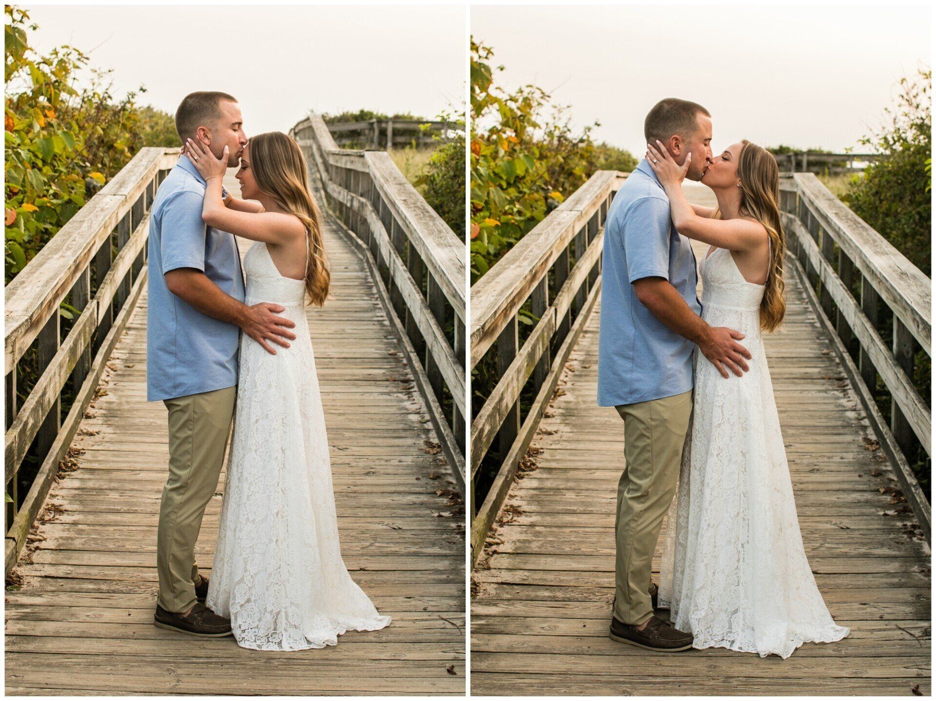 Couple embracing on a wooden bridge at sunset, with a soft-focus garden path behind them