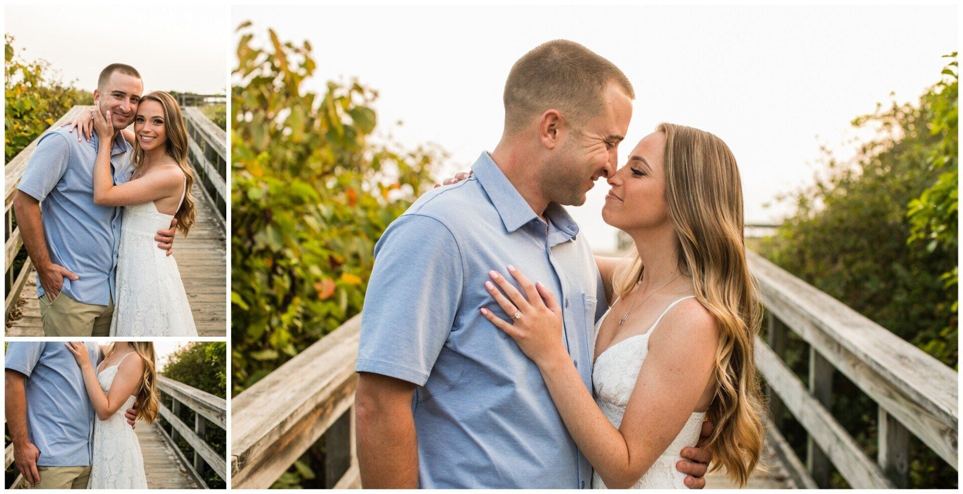 Couple embracing on a wooden bridge at sunset, with two smaller inset photos of the same moment