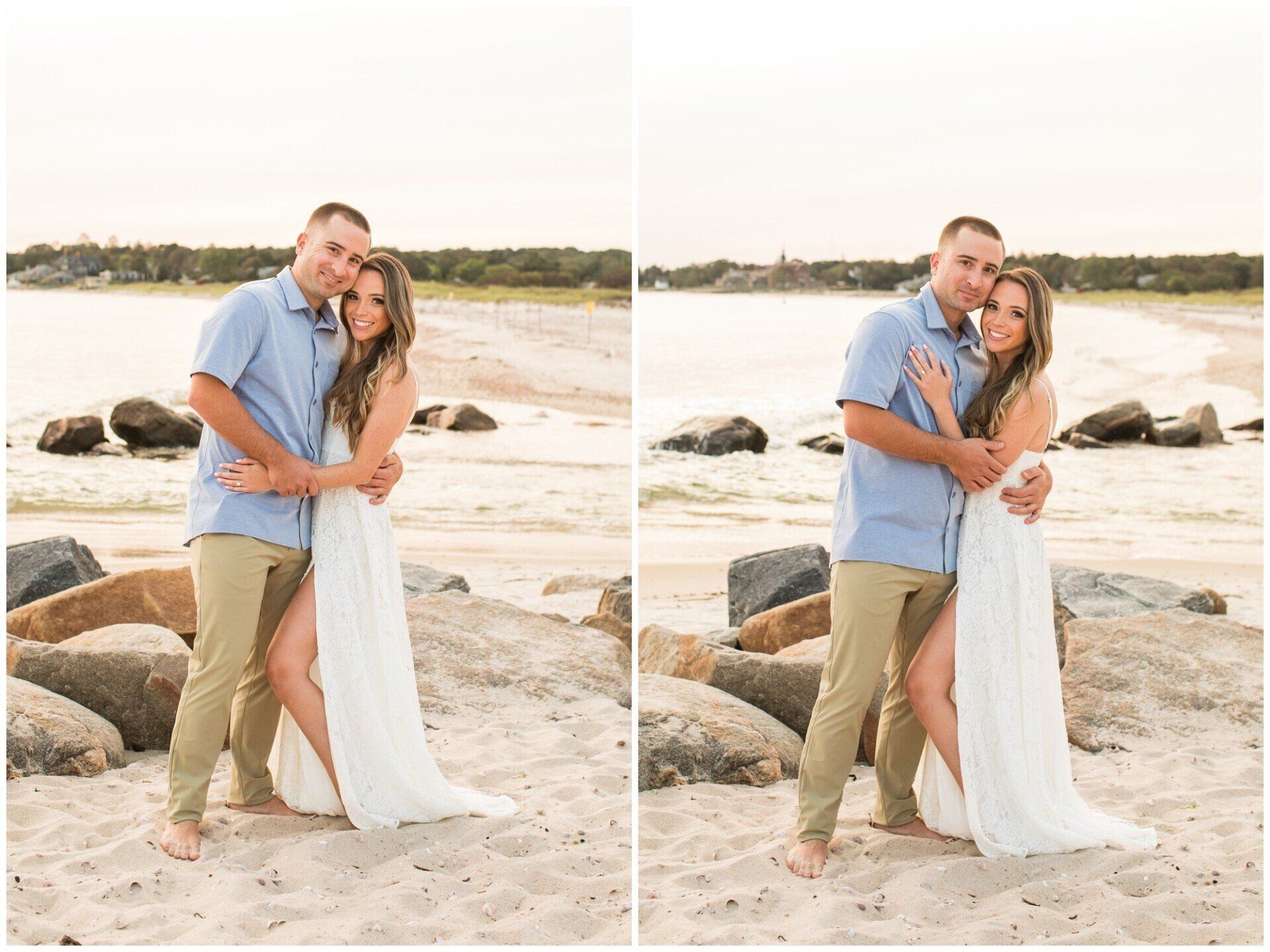 Couple embracing on a rocky beach at sunset, shown in a side-by-side split image.