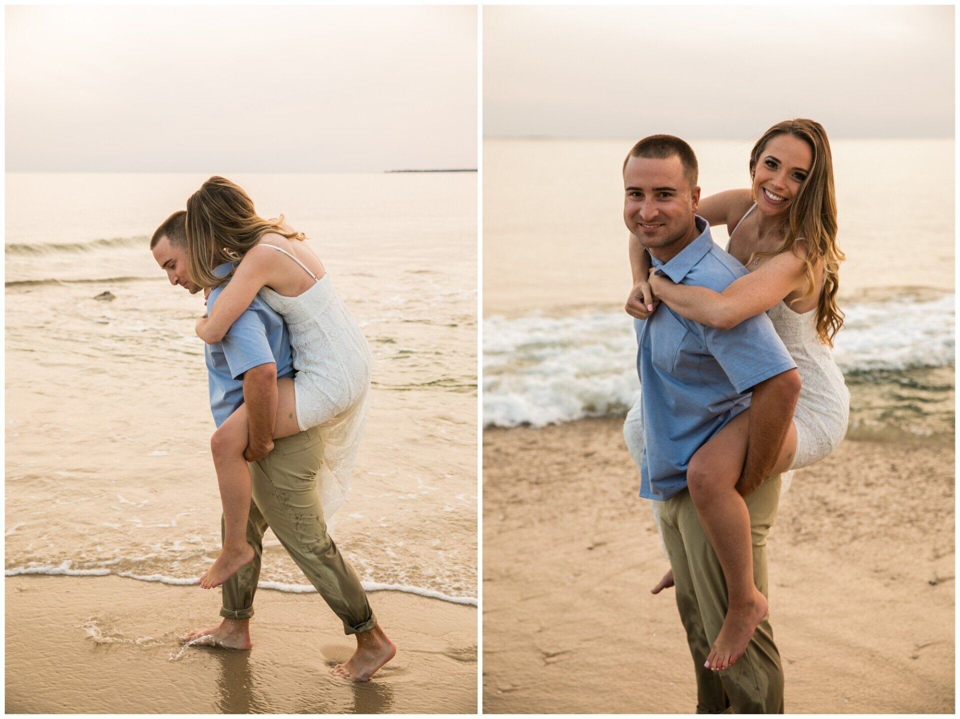 Couple on a beach, smiling and hugging on a piggyback ride by the shore.