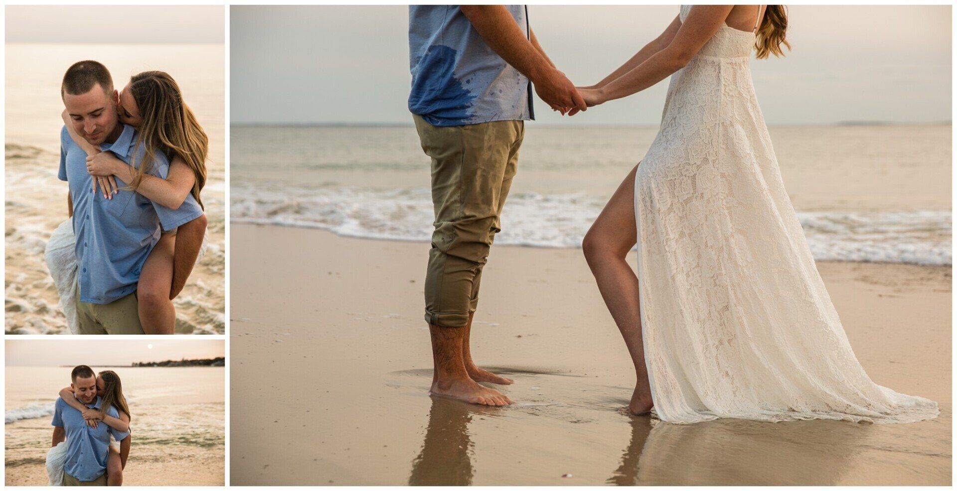 Couple holding hands on a beach, with a bride in a white dress walking barefoot near the shoreline.