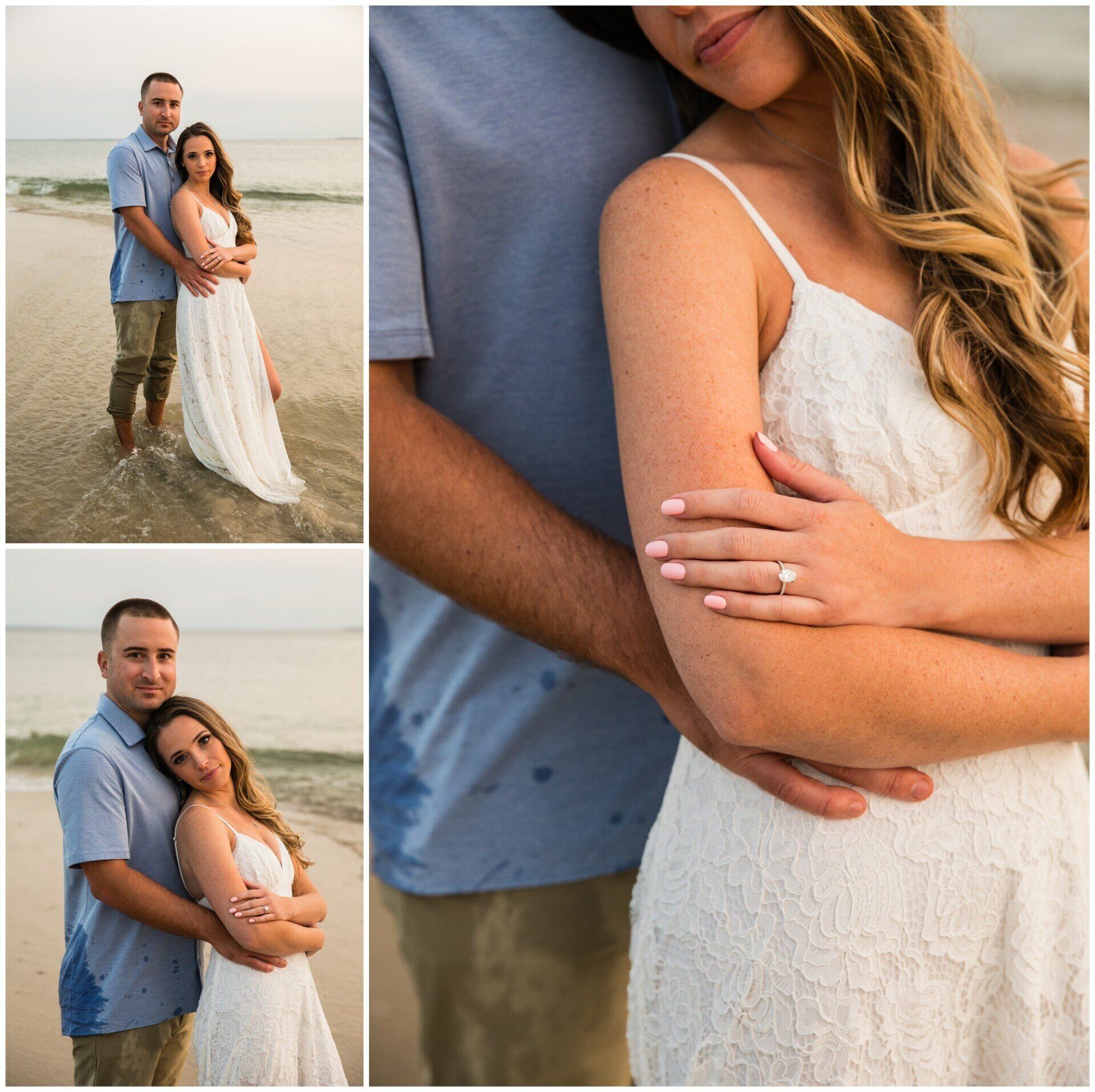 Couple posing on a beach, with a close-up of their embrace and a visible engagement ring.