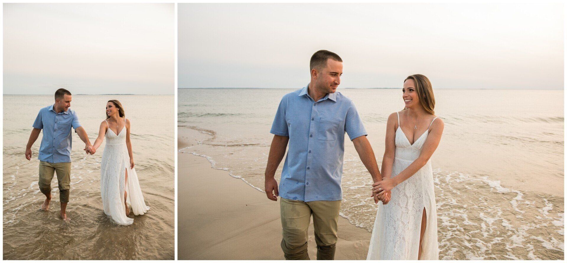 Couple holding hands and walking along a beach at sunset, both in casual white outfits.