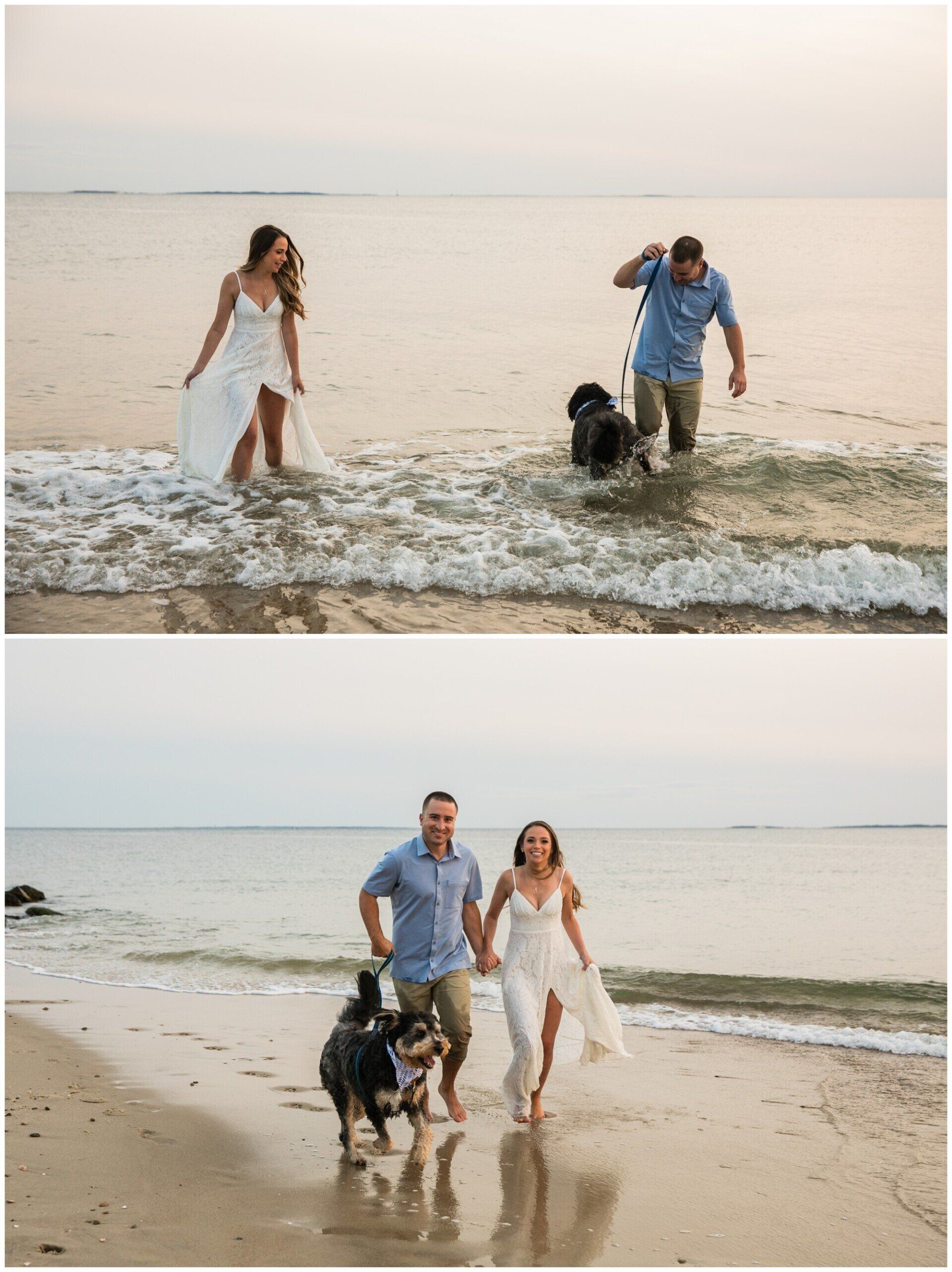 Couple walking with a dog along a beach, one photo in shallow surf and one on wet sand.
