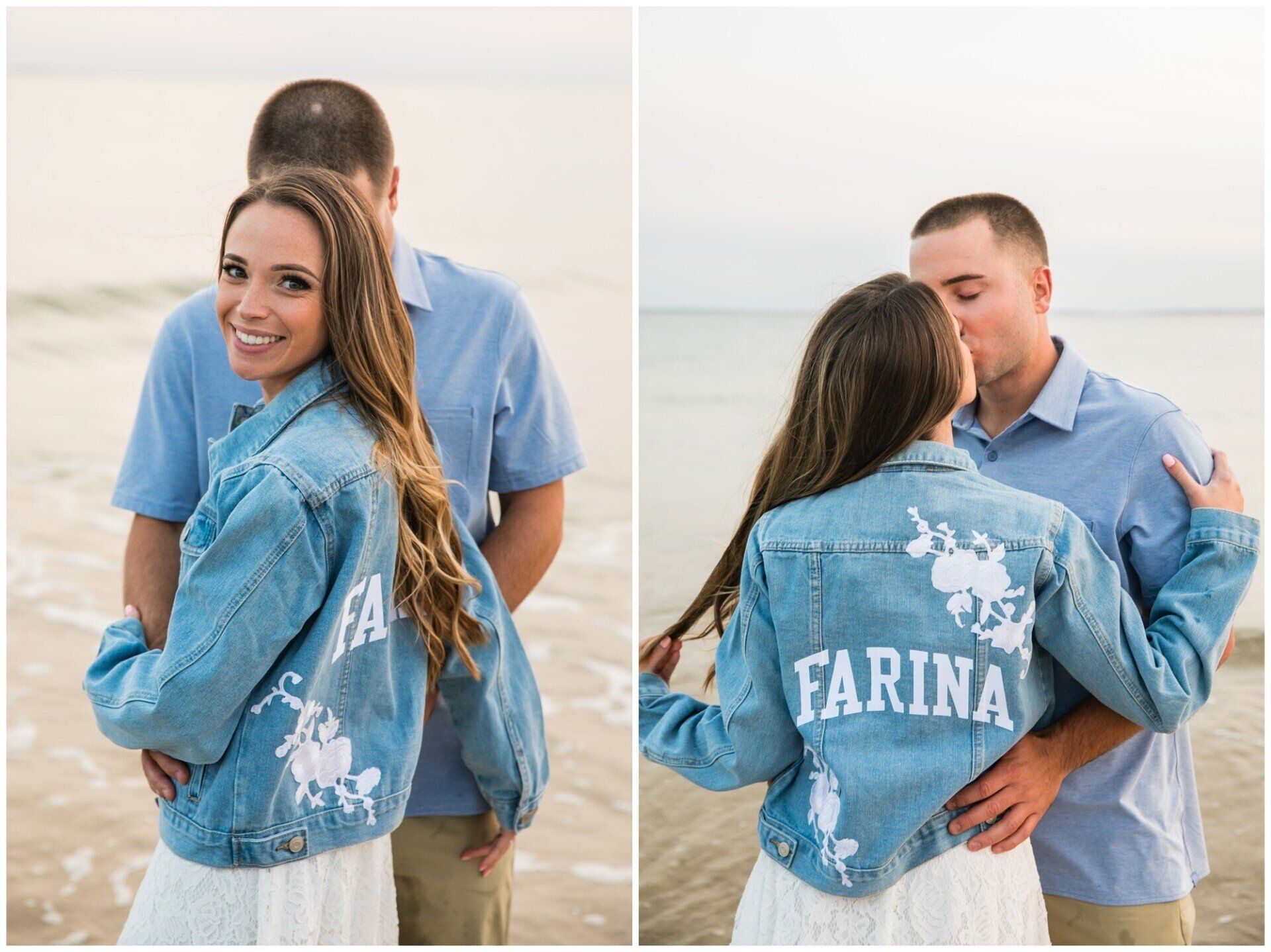 Couple embracing on a beach, woman in blue denim jacket with “FARINA” embroidered on the back