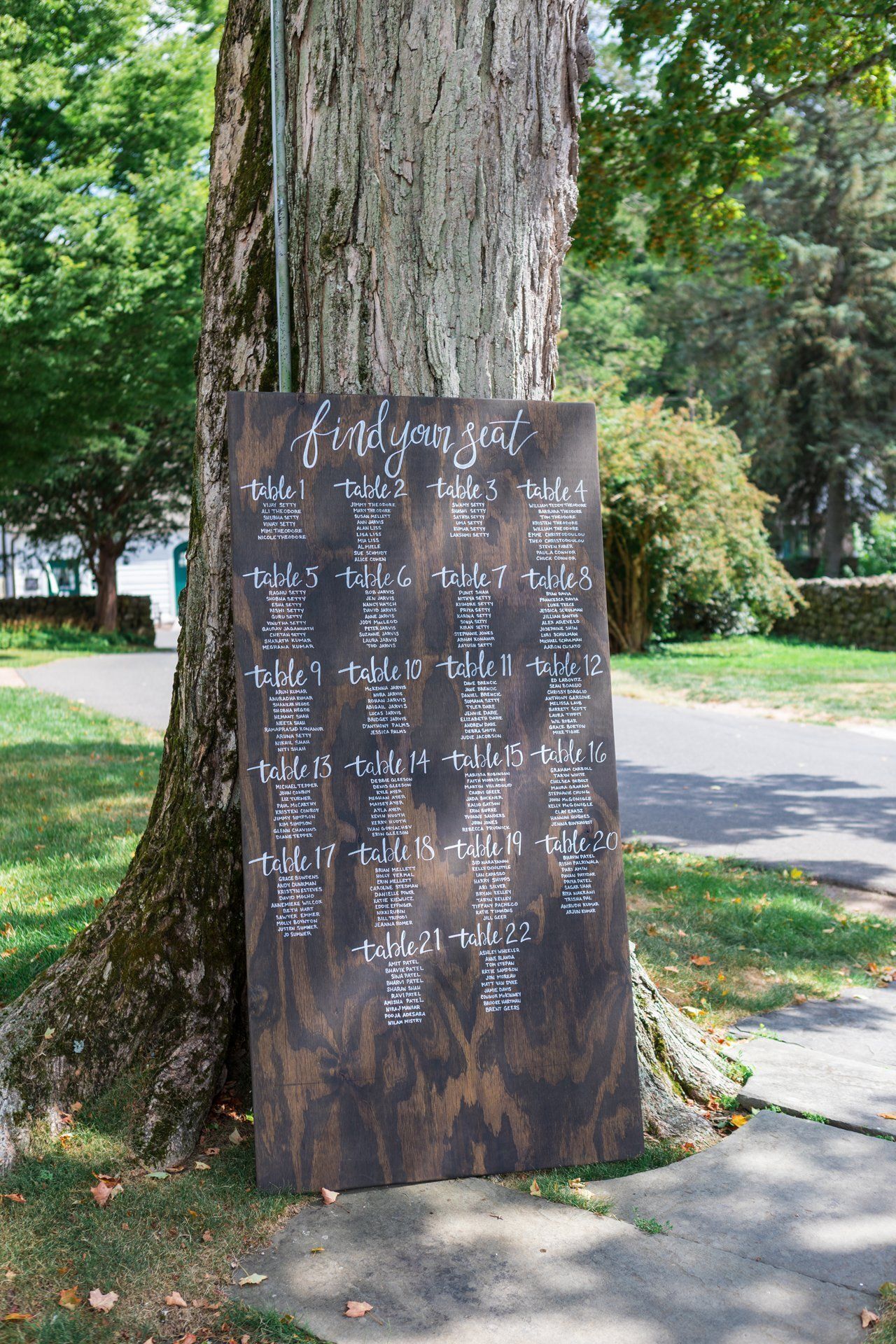 Dark wooden sign with white writing leaning against a large tree beside a park path.