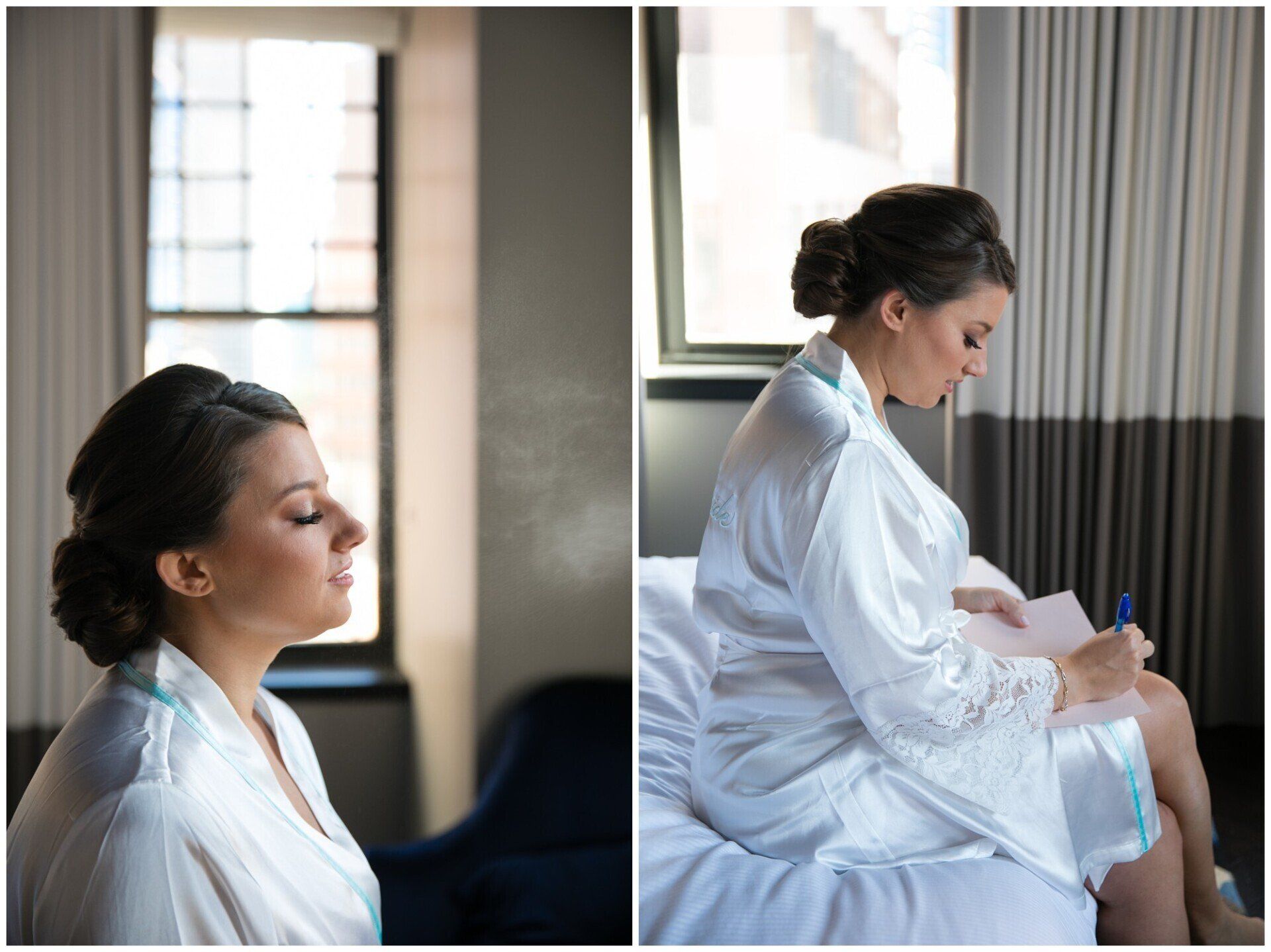 Woman in a white robe meditating by a window, then writing in a notebook on a bed