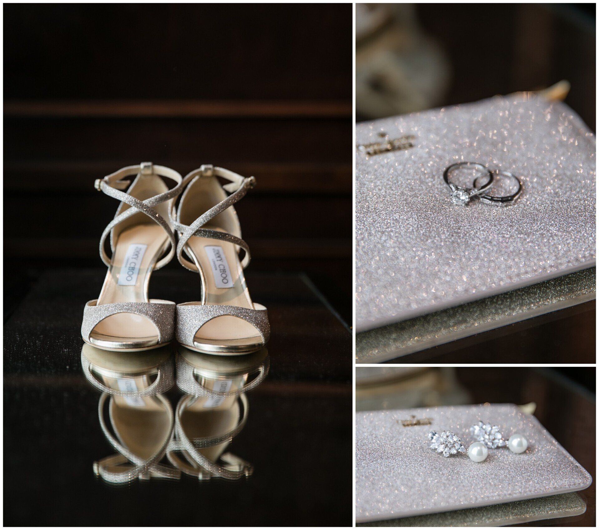Silver glitter bridal heels and rings on a sparkly clutch in a three-panel wedding still life