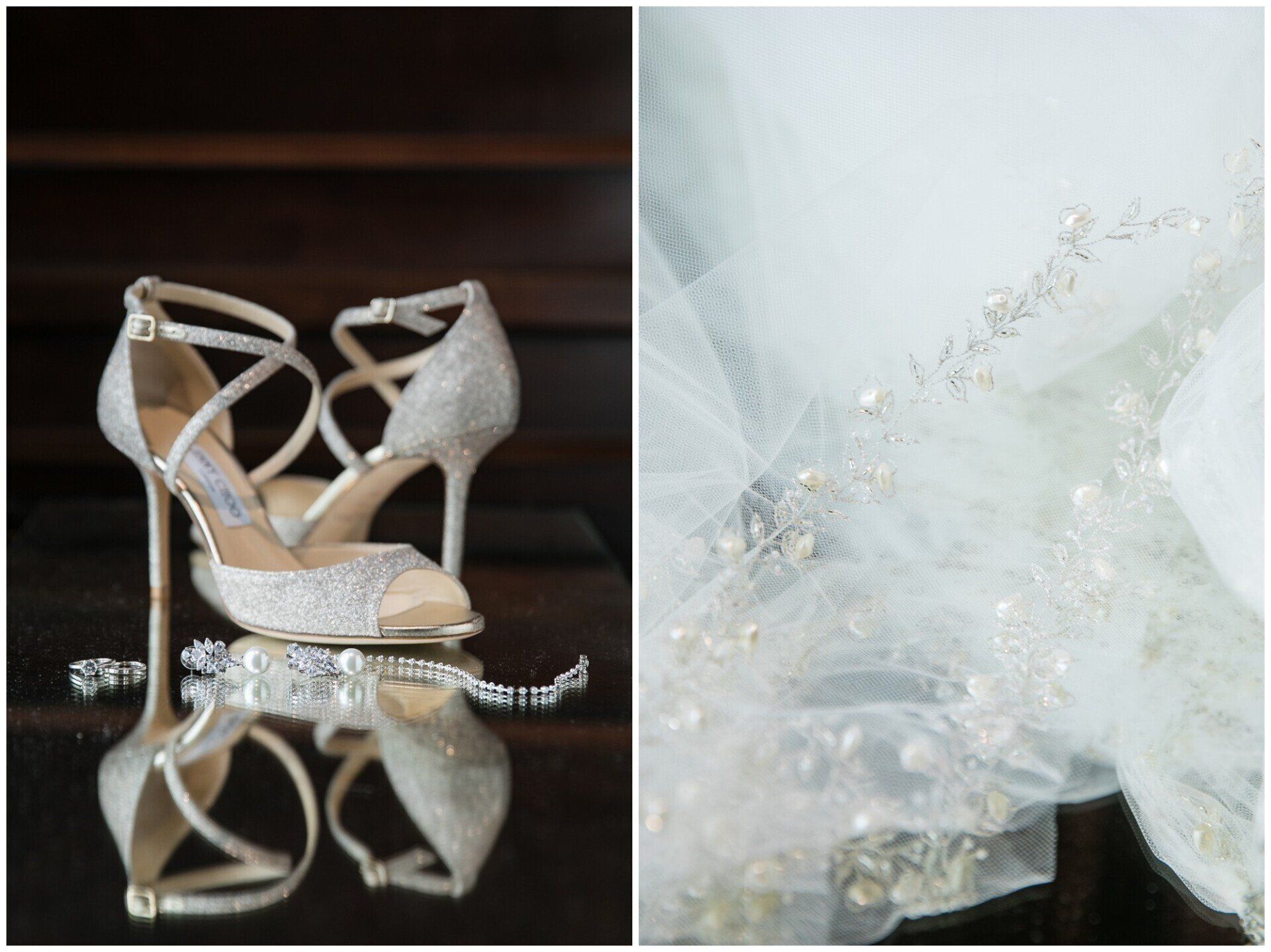 White jeweled high-heeled bridal shoes beside a veil with sparkling beadwork