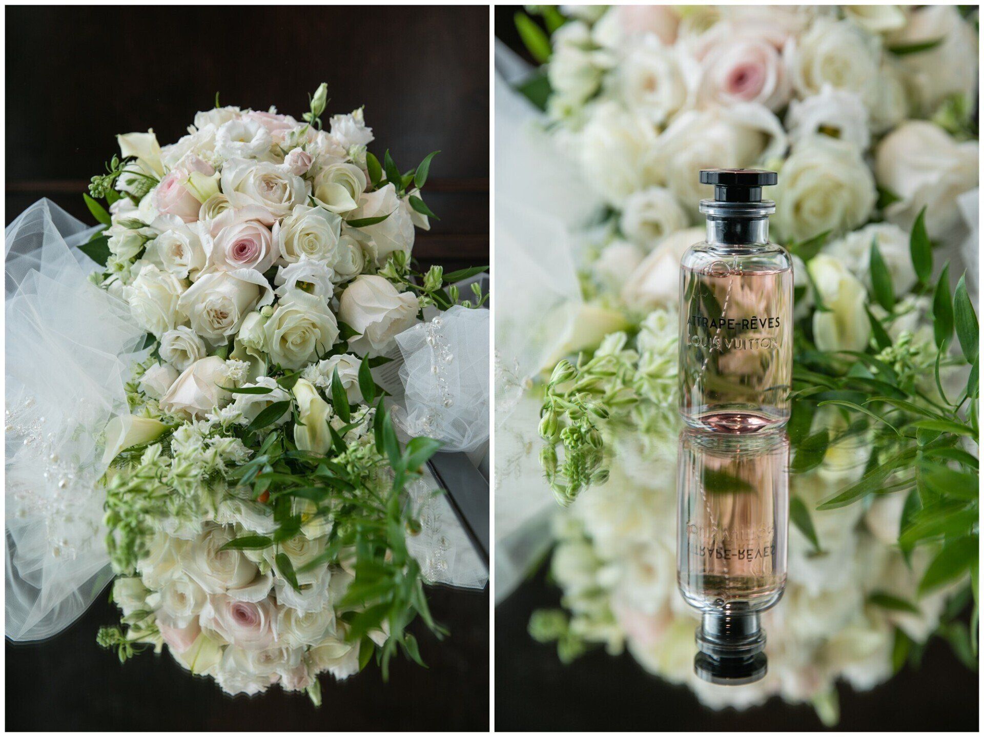 White rose bouquet beside a perfume bottle, both framed by soft greenery on a dark background
