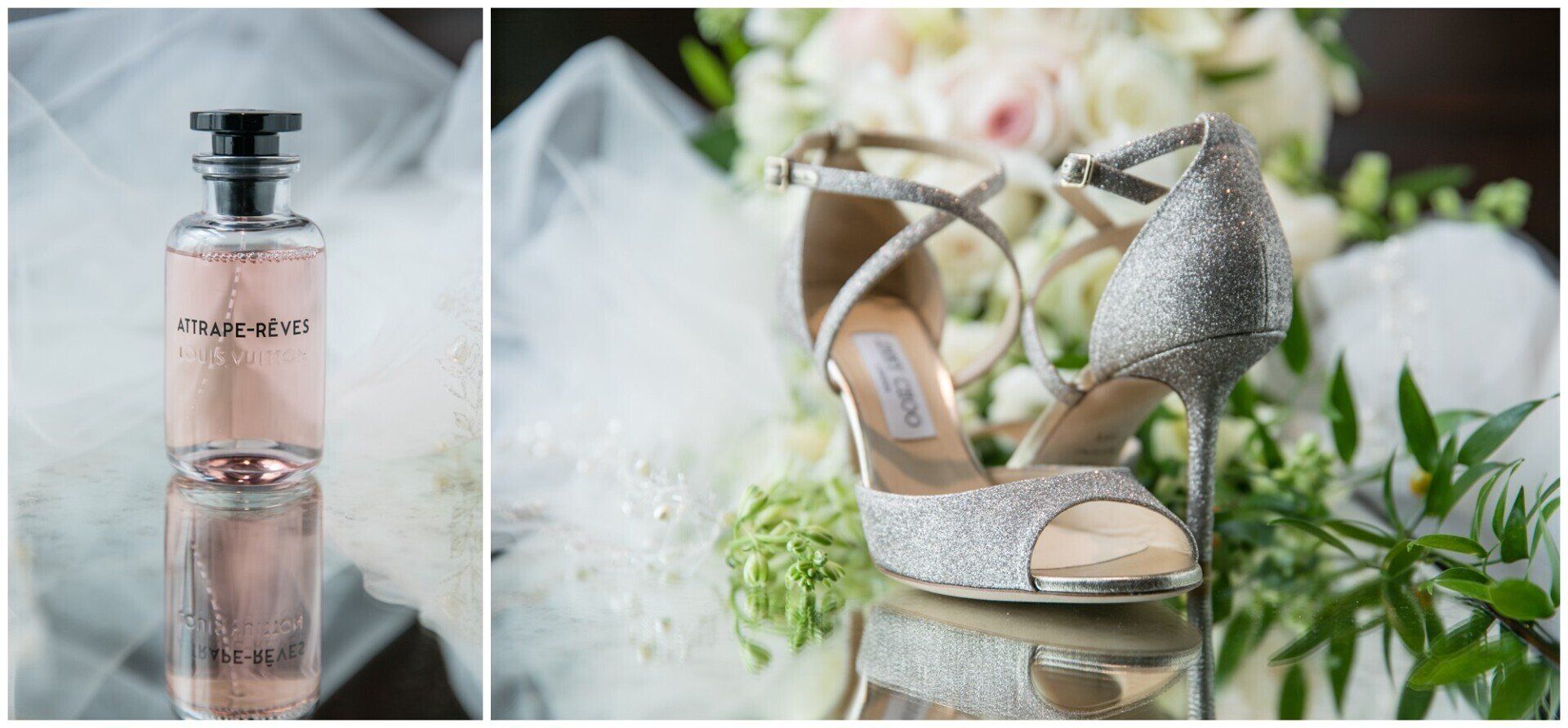 Perfume bottle beside sparkly silver high heels on a floral wedding backdrop