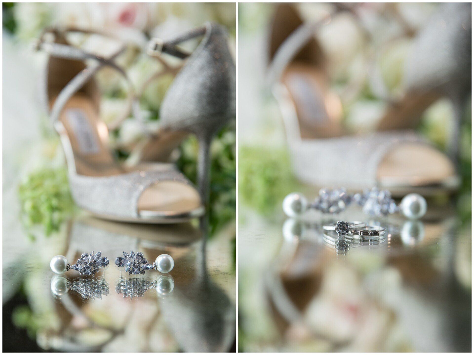 Jewelry and silver high heels reflected on a mirrored surface with soft floral background