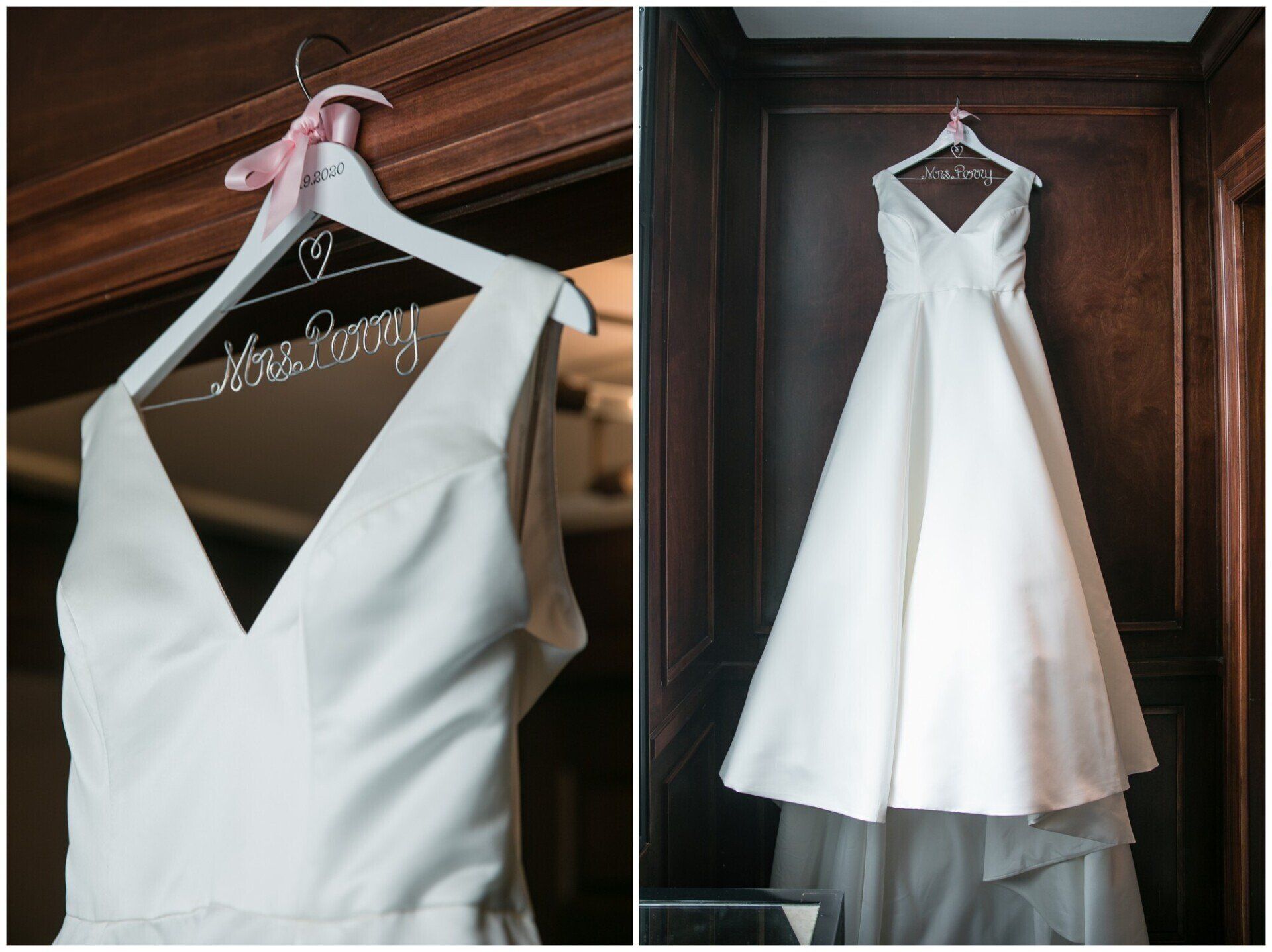 White wedding dress on a hanger, shown close-up and hanging in a wooden wardrobe.