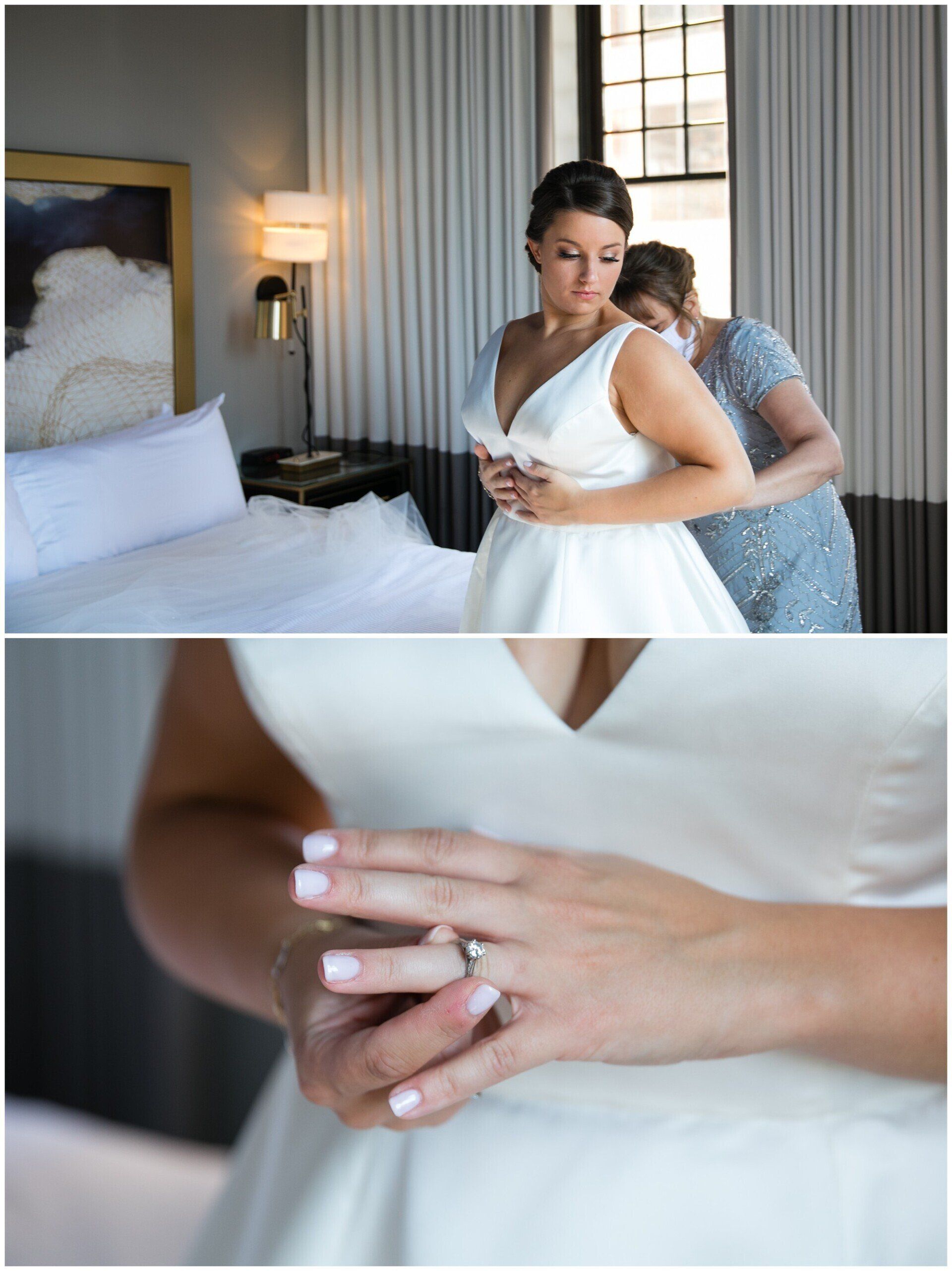 Bridal portrait with a woman adjusting her white wedding dress, showing a close-up of her ring.